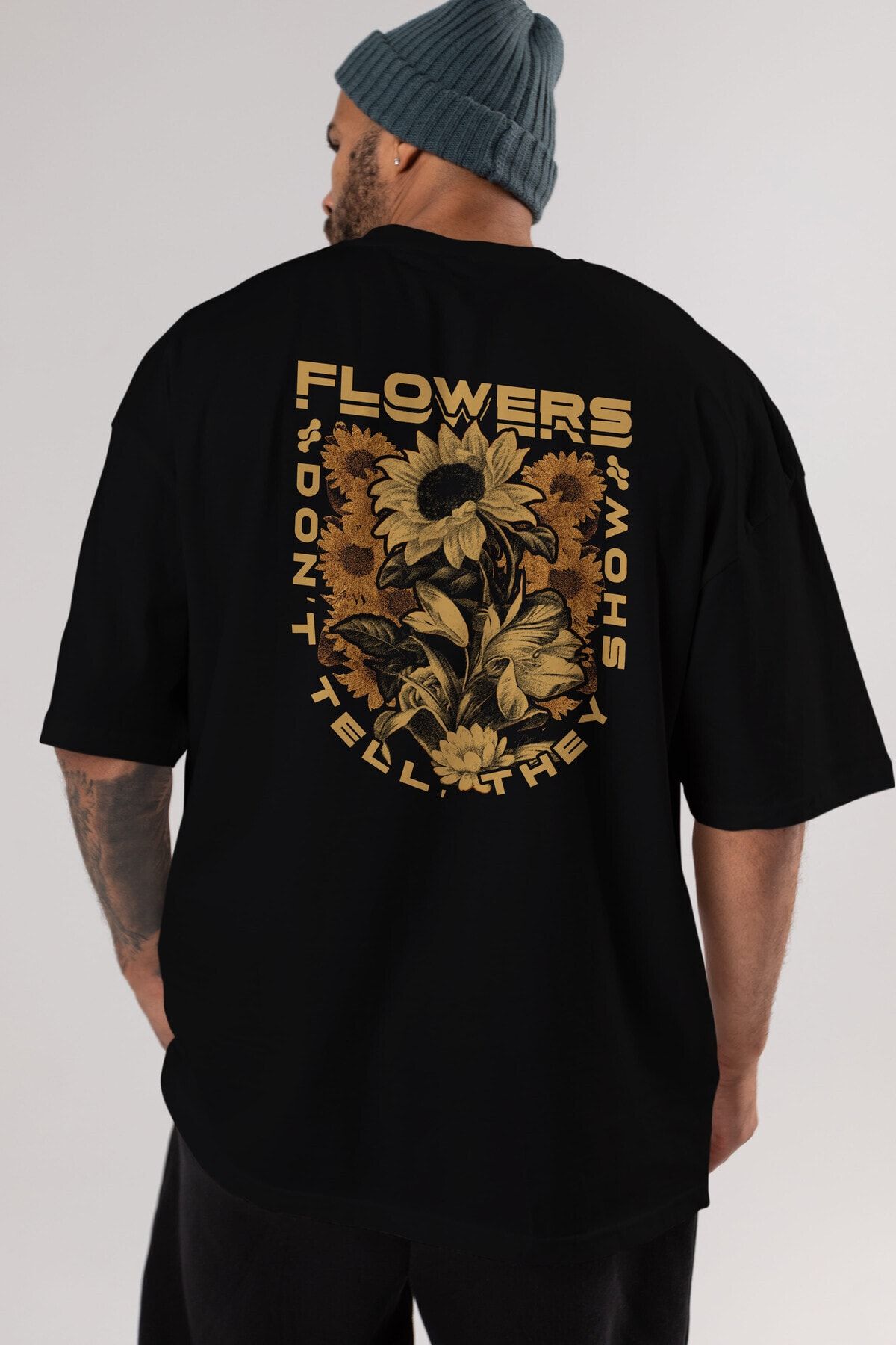 Ankhises Flowers Dont Tell Arka Baskılı Siyah Oversize T-shirt Unisex Erkek Kadın Bisiklet Yaka