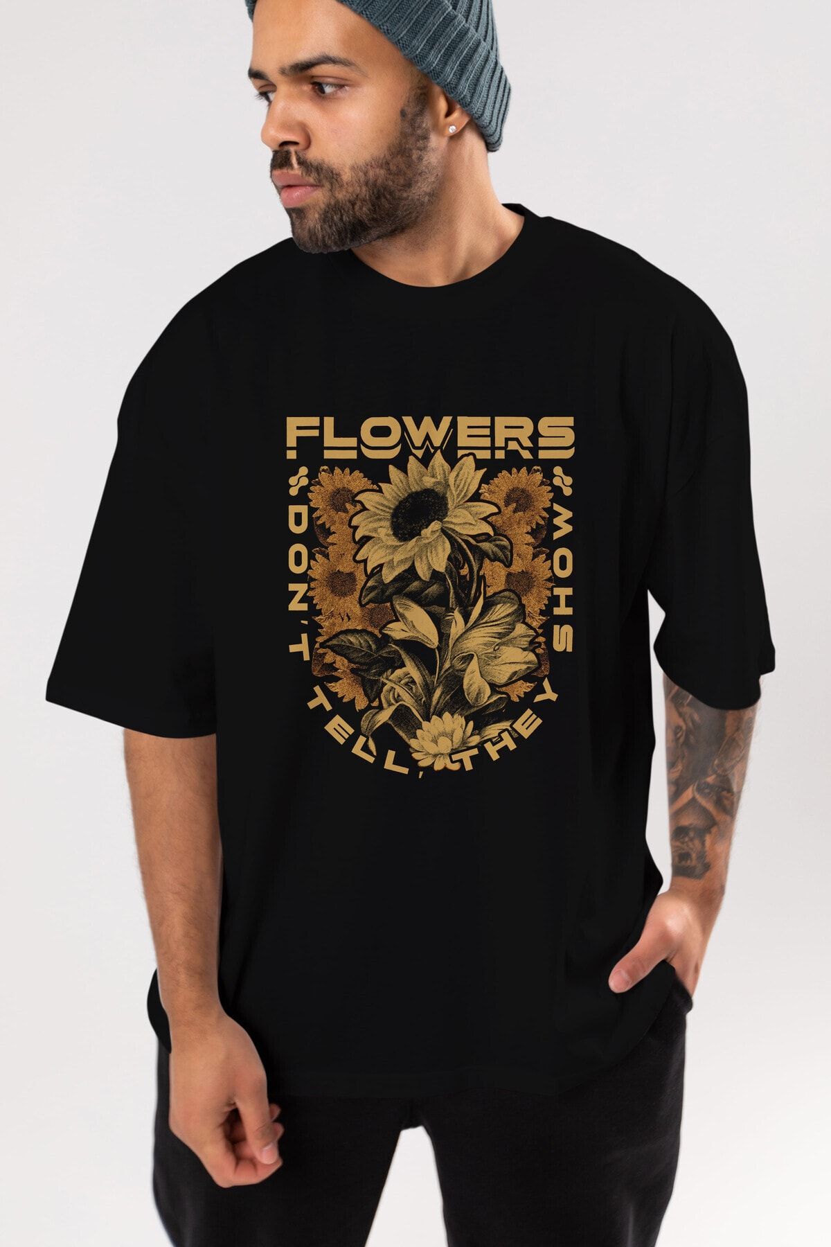 Ankhises Flowers Dont Tell Ön Baskılı Siyah Oversize T-shirt Unisex Erkek Kadın Bisiklet Yaka