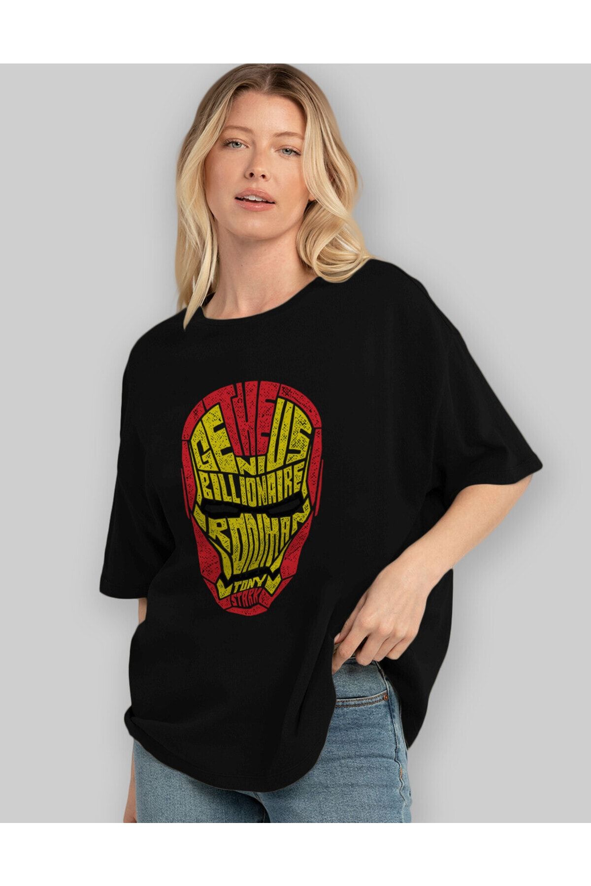 Ankhises Iron Man Ön Baskılı Siyah Oversize T-shirt Unisex Erkek Kadın Bisiklet Yaka