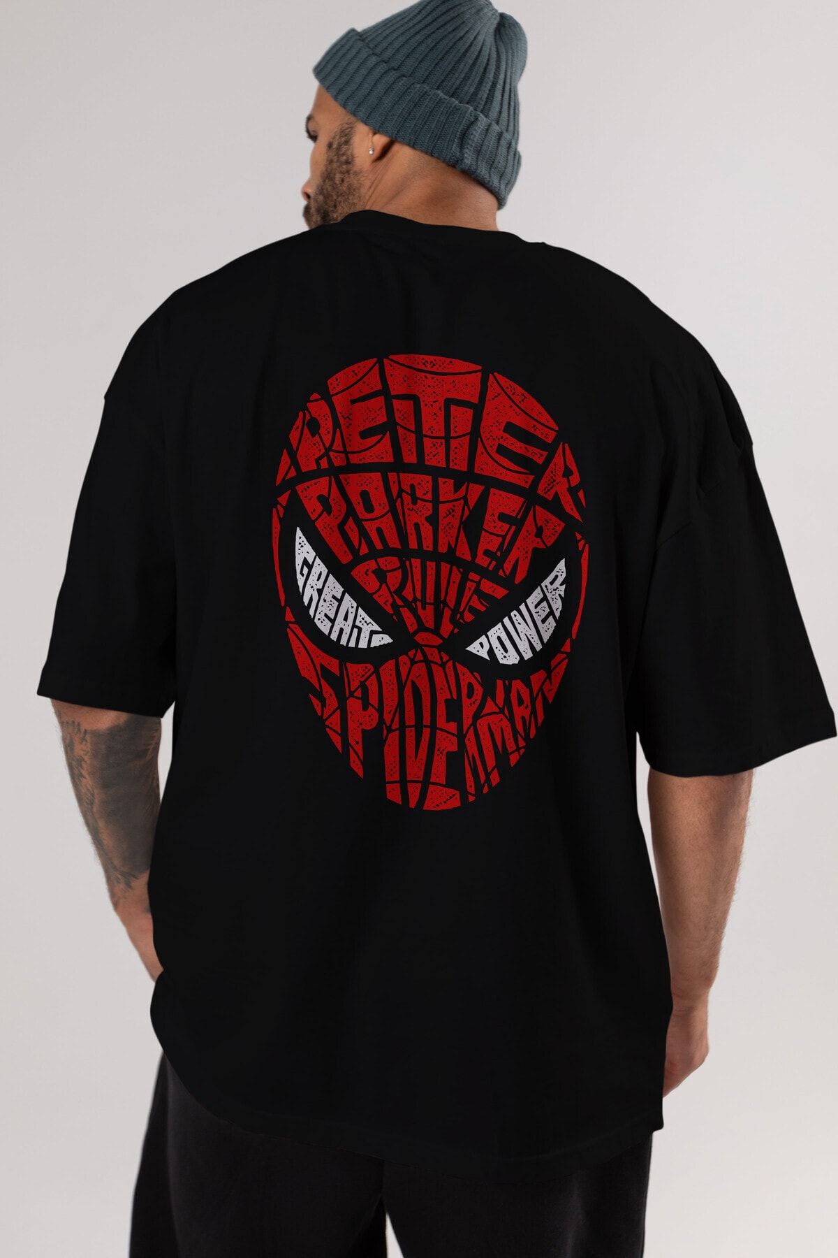 Ankhises Spiderman Arka Baskılı Siyah Oversize T-shirt Unisex Erkek Kadın Bisiklet Yaka