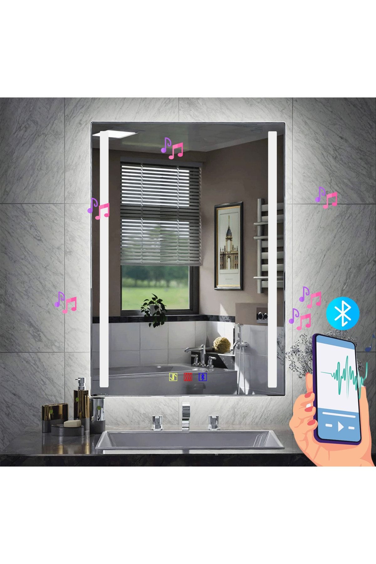 BUGUSAN 60x80 cm Bluetoothlu Buğu Çözücülü Dokunmatik Işıklı Kumlamalı Banyo Aynası