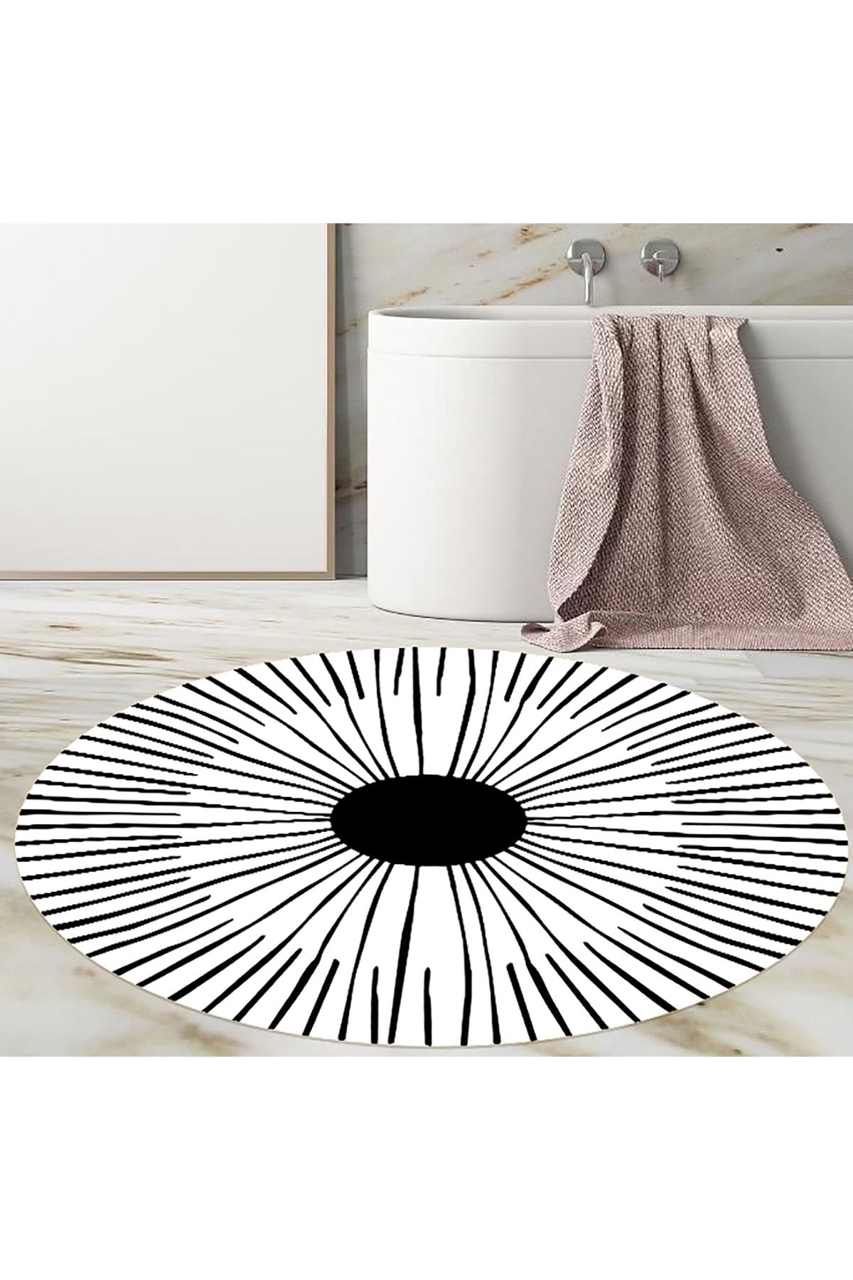 eco concept banyo paspası, siyah beyaz, banyo paspas yuvarlak, kaymaz taban halı, yıkanabilir, 80cmx80cm,