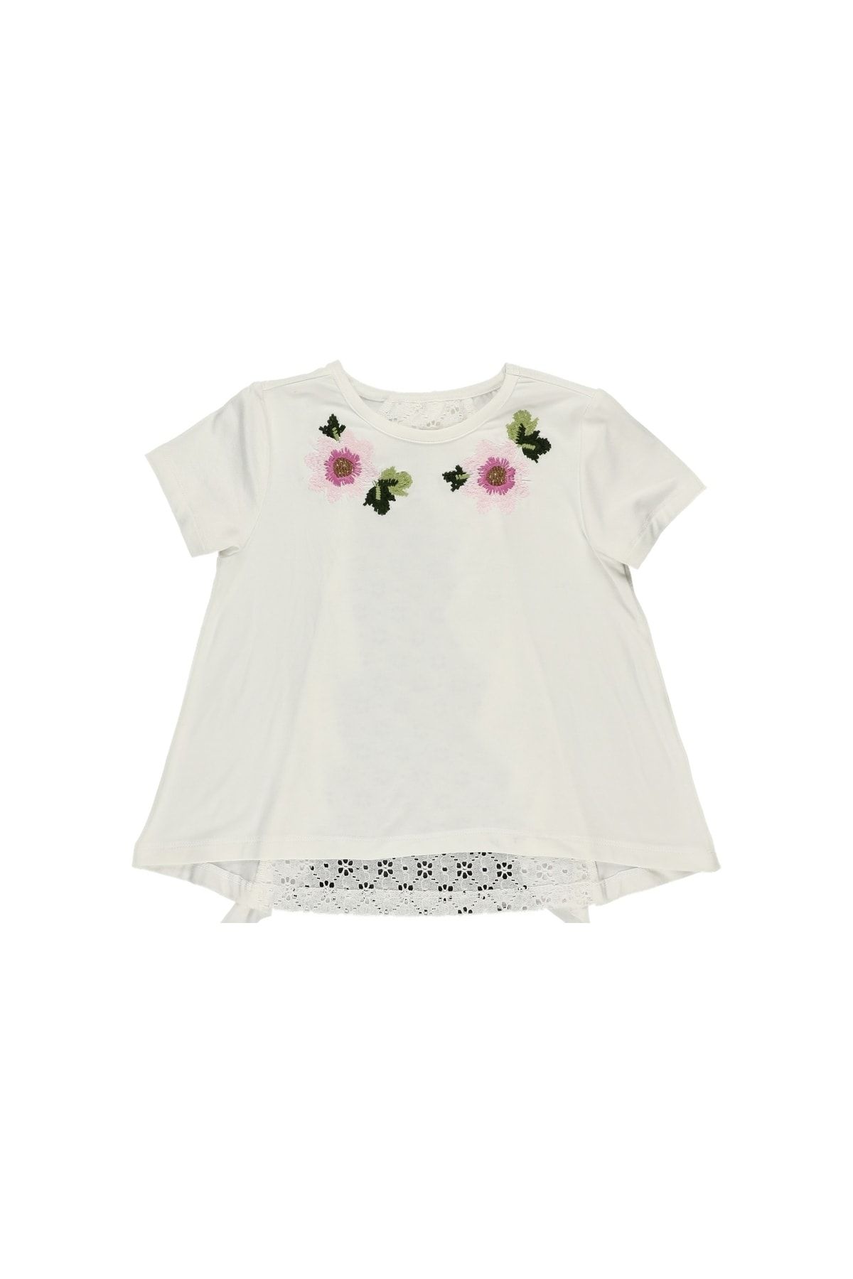 Panço Kız Çocuk Çiçek Dantel Detaylı Kısa Kollu T-shirt