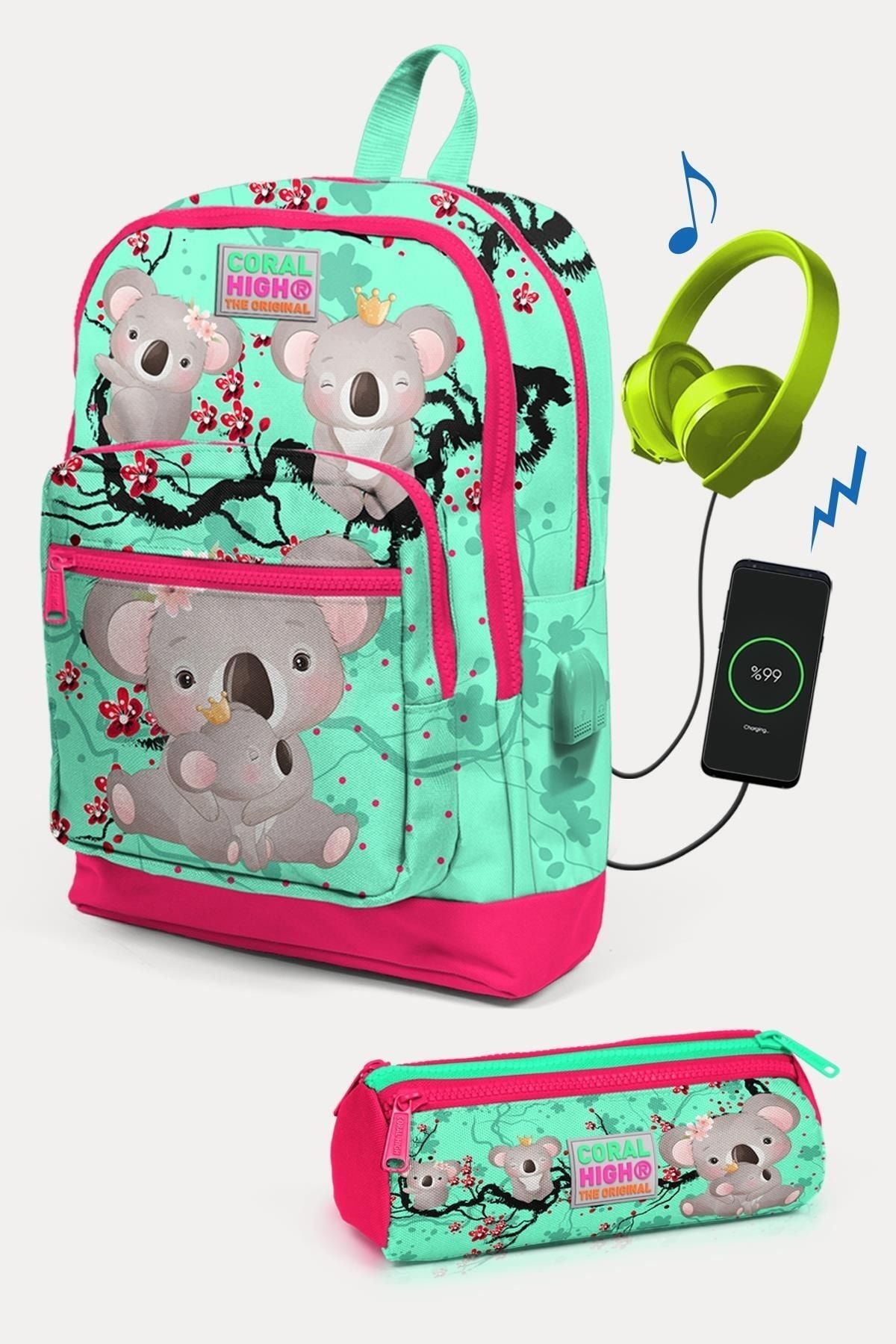 Coral High Kids Su Yeşili Neon Mercan Koala Desenli USB'li 2'li Okul Çanta Seti SET0223813