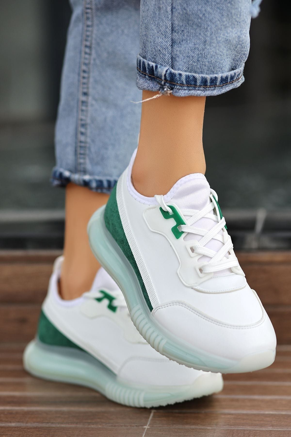 otuzbesshoes Doğa Yeşil Parçalı Hava Taban Detaylı Kadın Spor Ayakkabı Beyaz