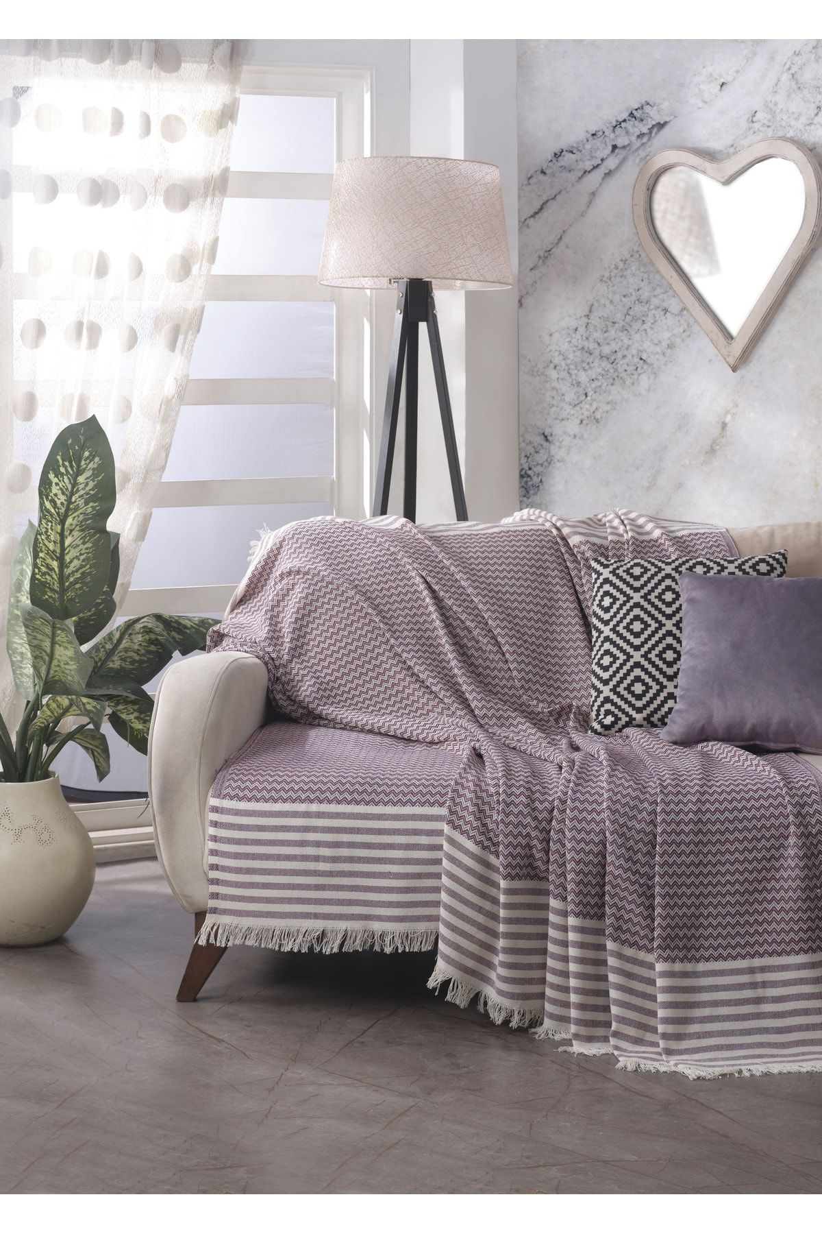 Lux Touch Olimpos Mürdüm Koltuk Örtüsü 180 x 200 cm Kanepe Çekyat Divan Berjer Örtüsü Pamuklu Püsküllü