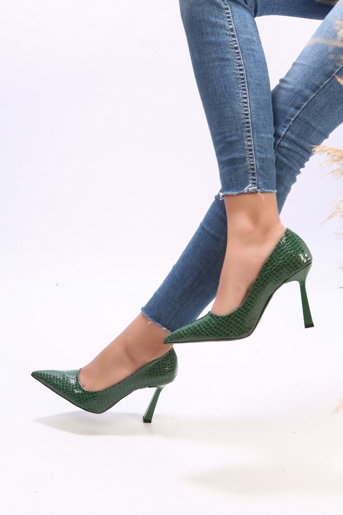 Shoeberry Kadın Plexi Yeşil Kroko Rugan Topuklu Ayakkabı Stiletto