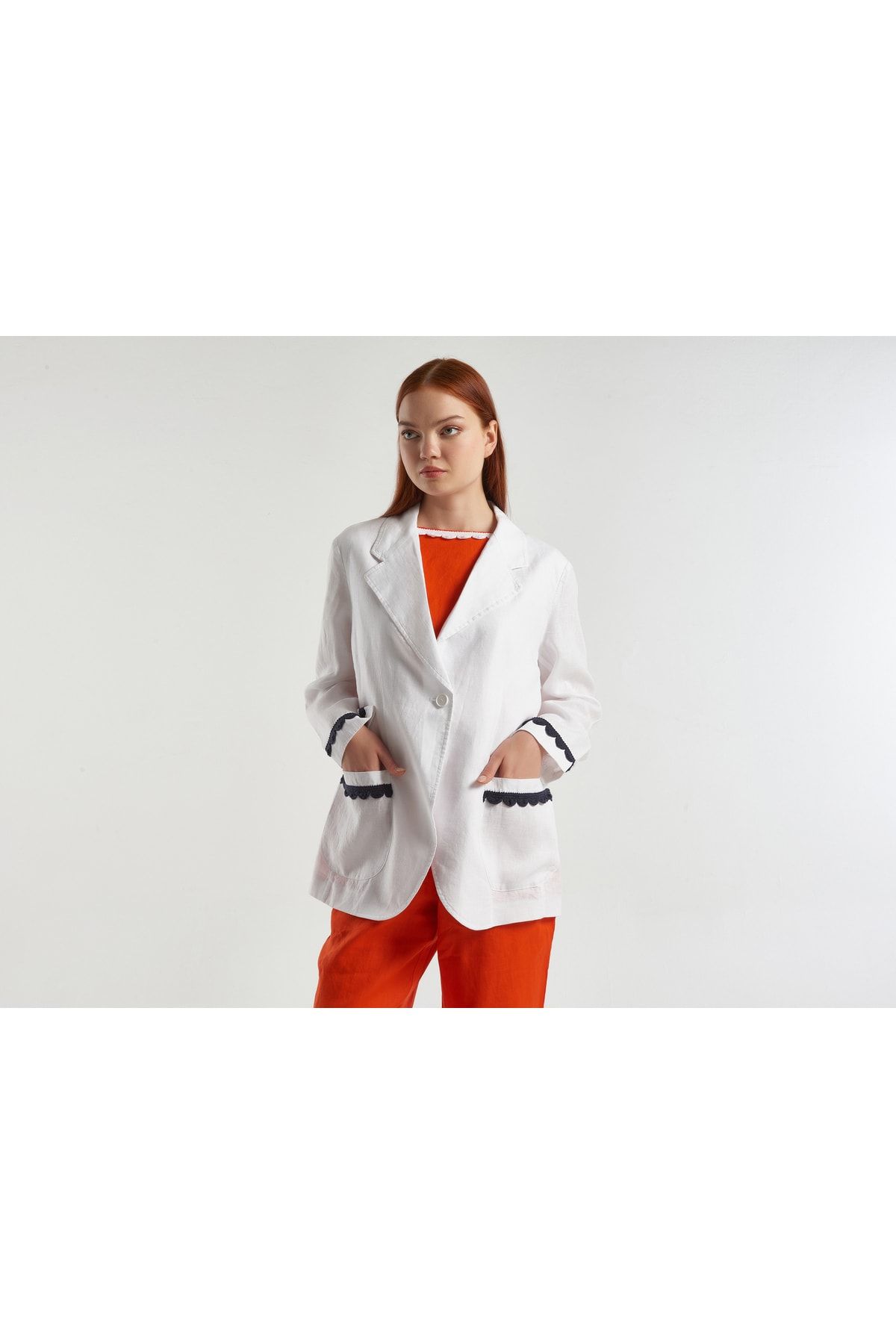 United Colors of Benetton Kadın Beyaz %100 Keten Tek Düğmeli Blazer Ceket Beyaz