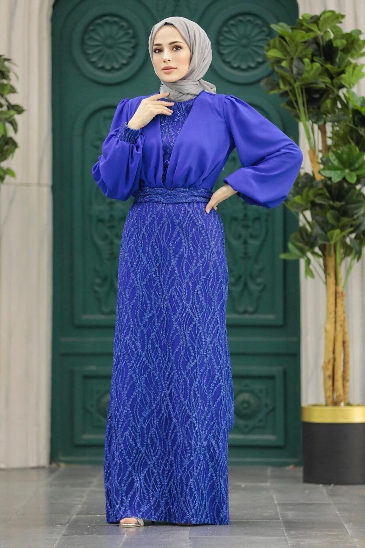 Neva Style Tesettürlü Abiye Elbise - Pul Payet İşlemeli Sax Mavisi Tesettür Abiye Elbise 22213SX