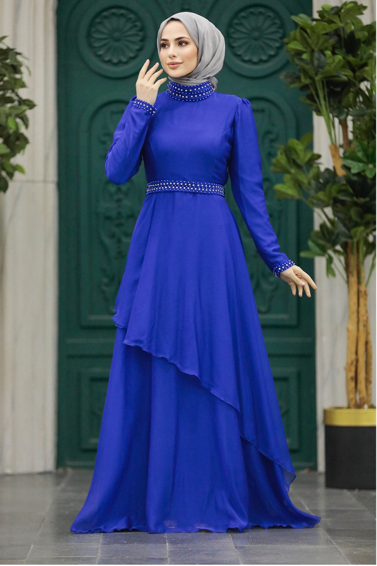 Neva Style Tesettürlü Abiye Elbise - İnci Detaylı Sax Mavisi Tesettür Abiye Elbise 22223SX