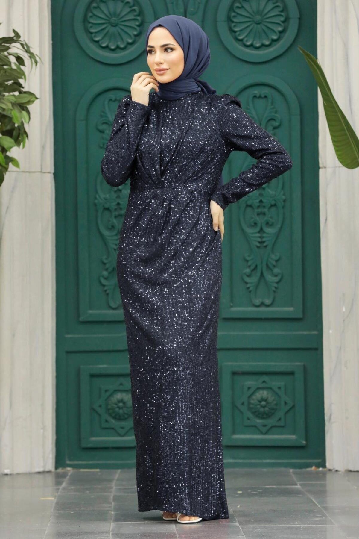 Neva Style Tesettür Abiye Elbise - Pul İşlemeli Lacivert Tesettür Abiye Elbise 3976L