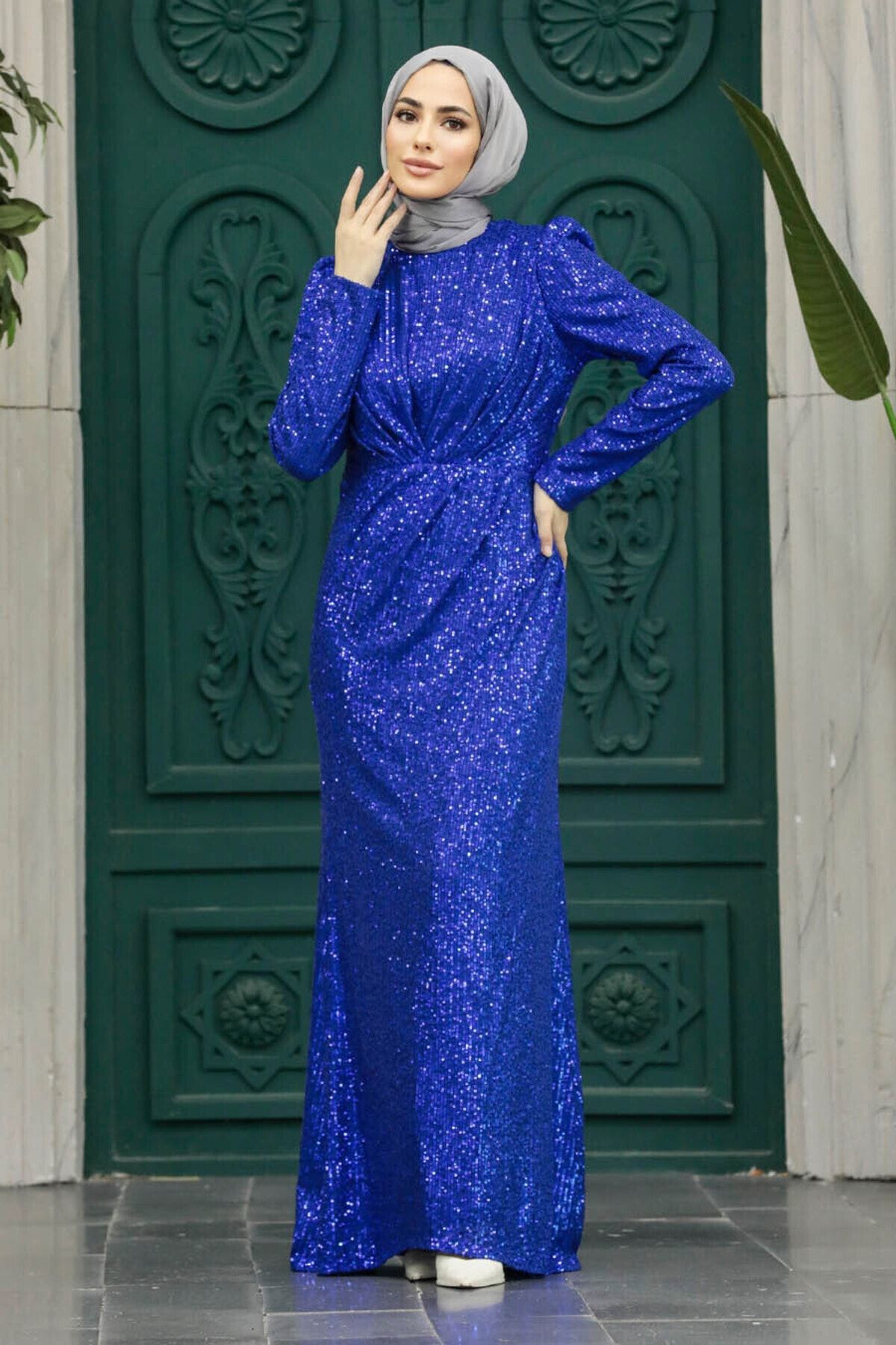 Neva Style Tesettür Abiye Elbise - Pul İşlemeli Sax Mavisi Tesettür Abiye Elbise 3976SX