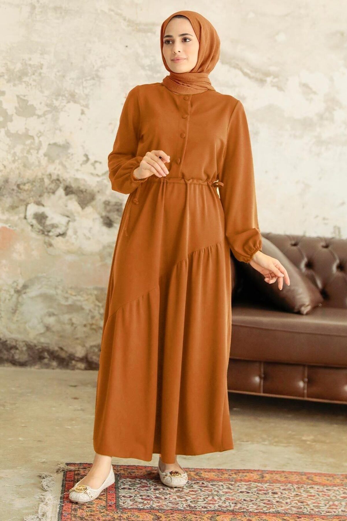 Neva Style - Düğme Detaylı Hardal Tesettür Elbise 5813HR