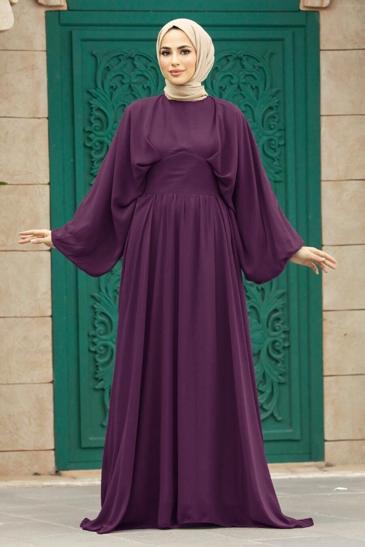 Neva Style Tesettürlü Abiye Elbise - Balon Kol Mor Tesettür Abiye Elbise 60681MOR