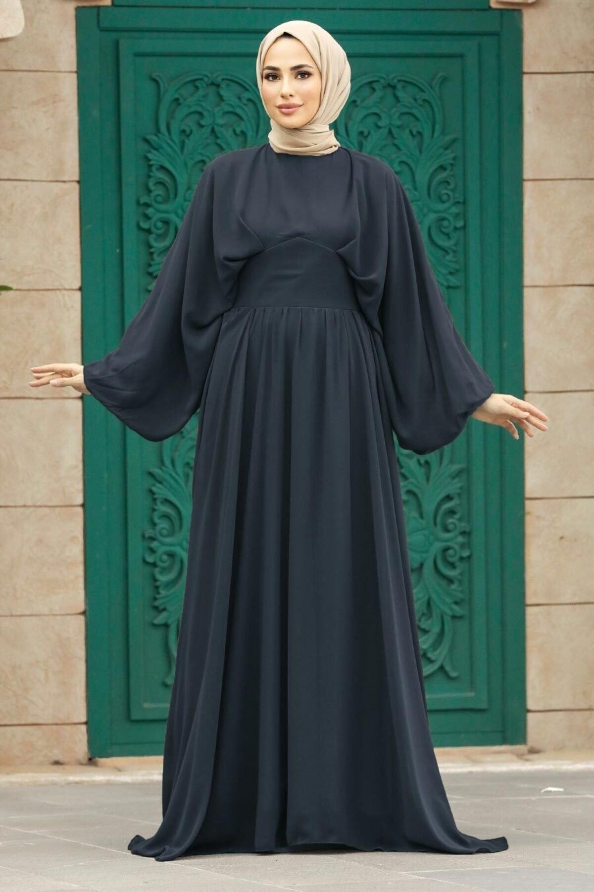 Neva Style Tesettürlü Abiye Elbise - Balon Kol Lacivert Tesettür Abiye Elbise 60681L