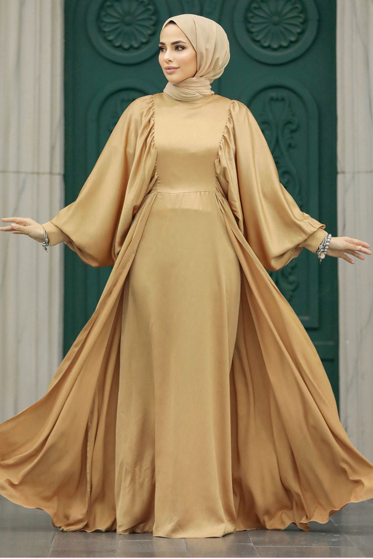Neva Style Tesettürlü Abiye Elbise - Kuyruklu Bisküvi Tesettür Saten Abiye Elbise 60201BS
