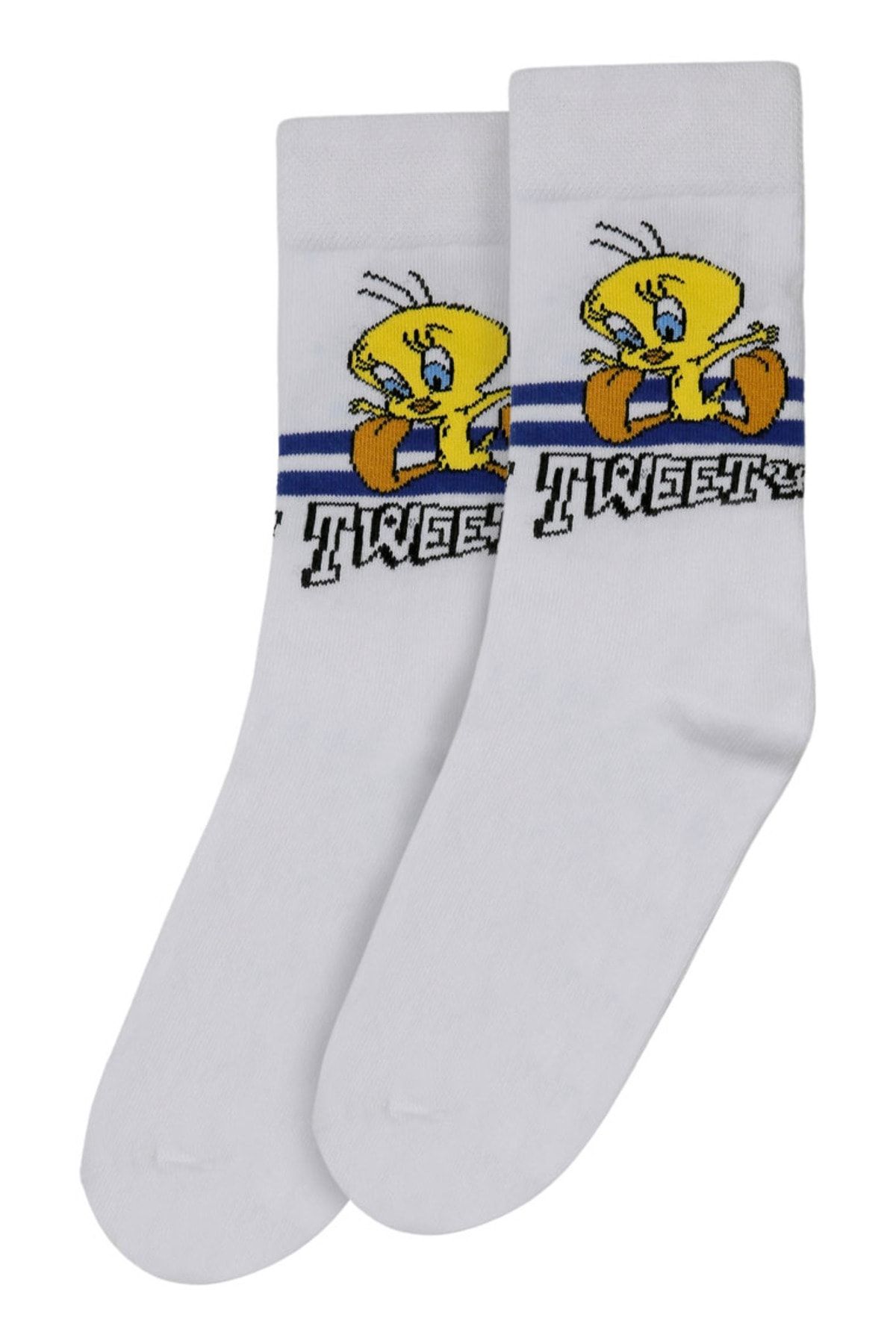 Dogo Unisex Vegan Beyaz Çorap - Warner Bros Tweety Stripes Tasarım