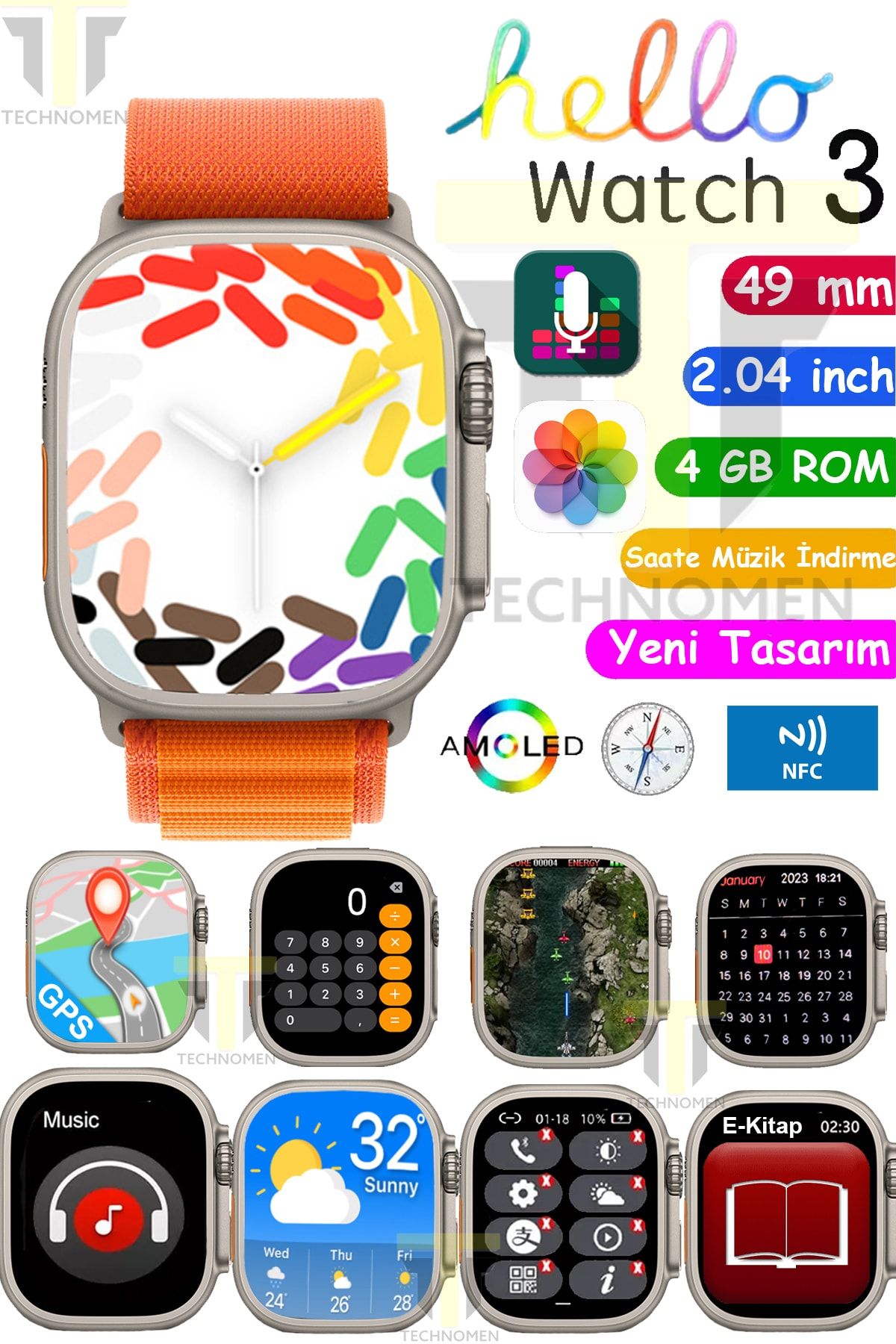 TECHNOMEN Watch 8 Ultra Uyumlu  Serisi Akıllı Saat Hello Watch 4GB Dahili Hafıza Müzik İndirme Kulaklık