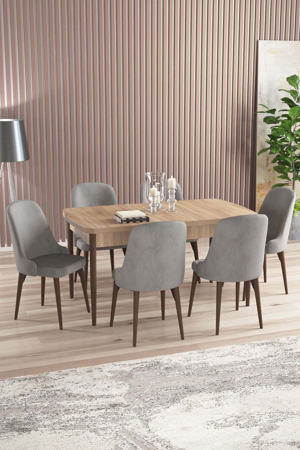 Rovena Armin Meşe Desen 80x132 Mdf Açılabilir Mutfak Masası Takımı 6 Adet Sandalye