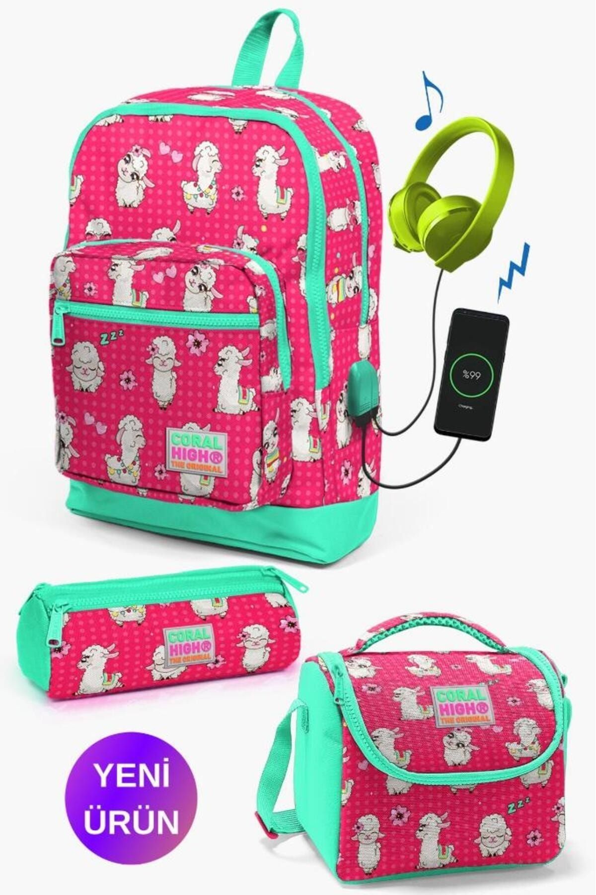 Coral High Kids Neon Mercan Su Yeşili Alpaka Desenli USB'li 3’lü Okul Çanta Seti GOSET0123268