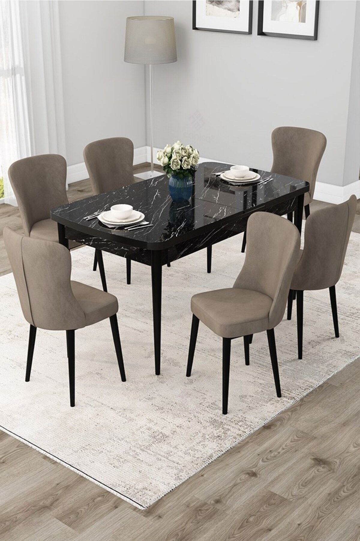 Canisa Due Serisi 80x132 Açılabilir Siyah Mermer Desen Mutfak Masası Takımı 6 Cappucino Sandalye