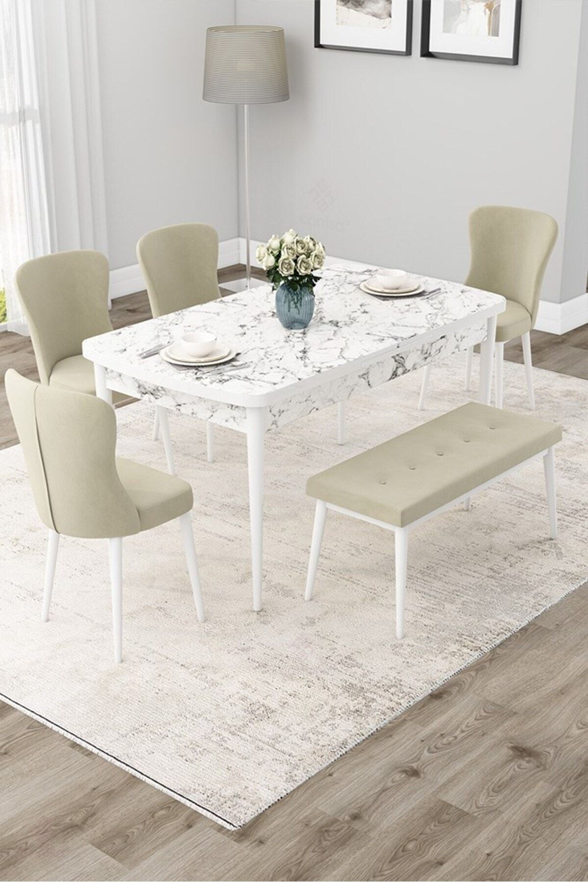 Canisa Due Serisi 80x132 Açılabilir Beyaz Mermer Desen Mutfak Masası Takımı ve Babyface Kumaş 4 Sandalye ve