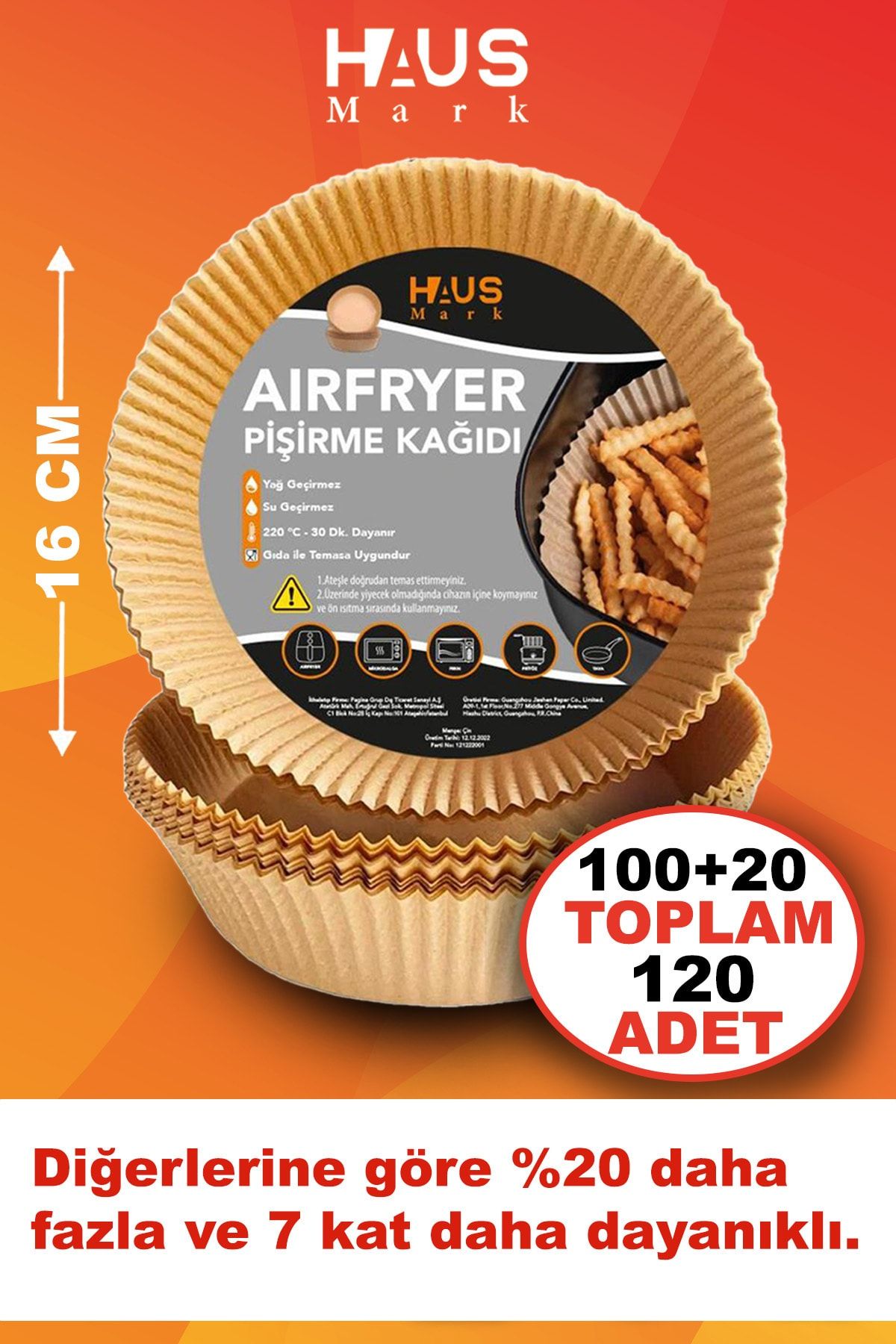 HAUSMARK Airfryer Pişirme Kağıdı 120adet 16cm Yuvarlak Yağsız Hava Fritözü Yağlı Kağıt Airfryer Philips Tefal