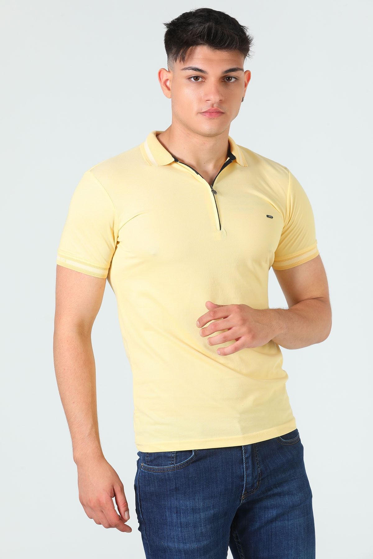 Julude Sarı Erkek Polo Yaka Fermuar Detaylı Slim Fit T-shirt