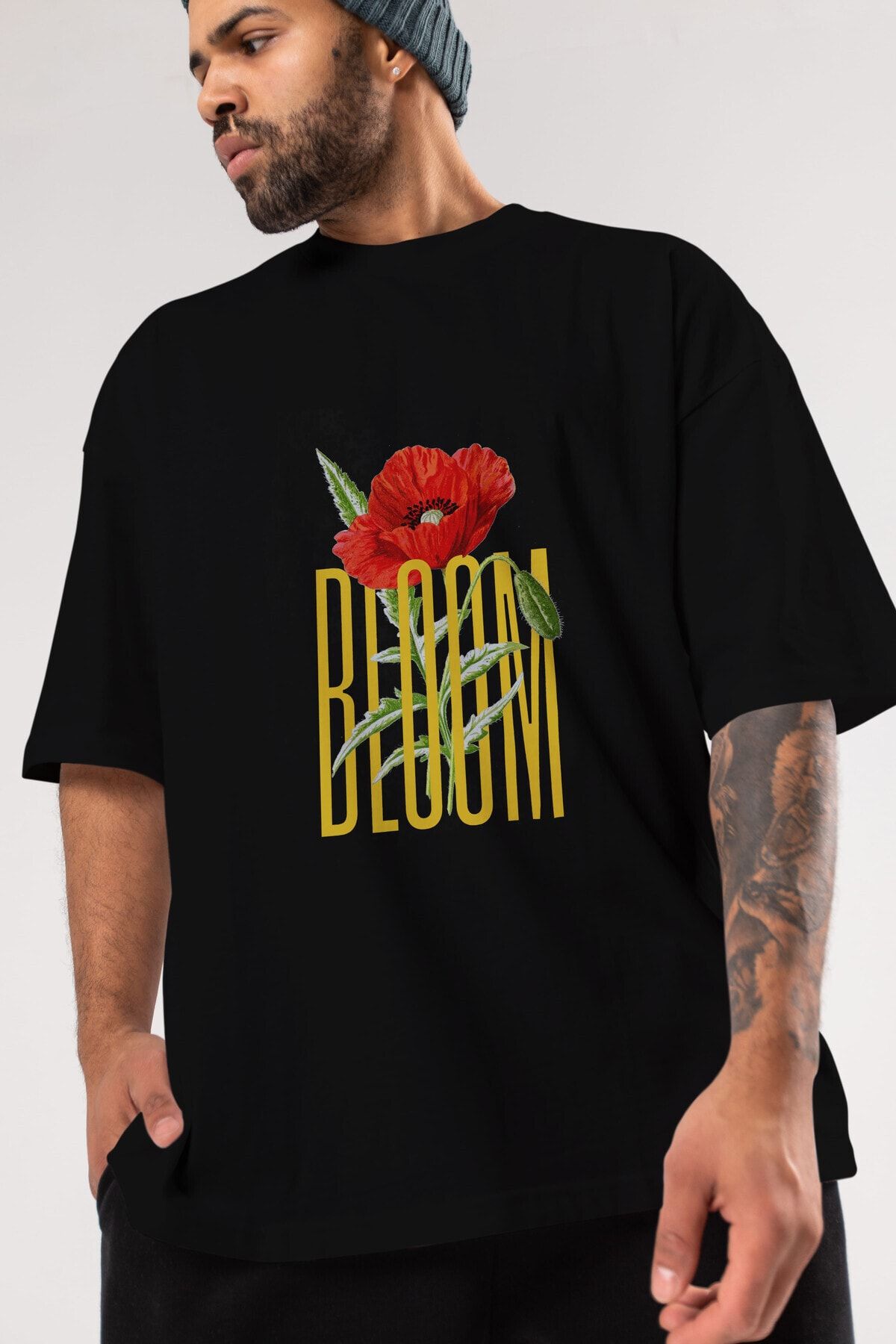 Ankhises Bloom Flower Ön Baskılı Siyah Oversize T-shirt Unisex Erkek Kadın Bisiklet Yaka