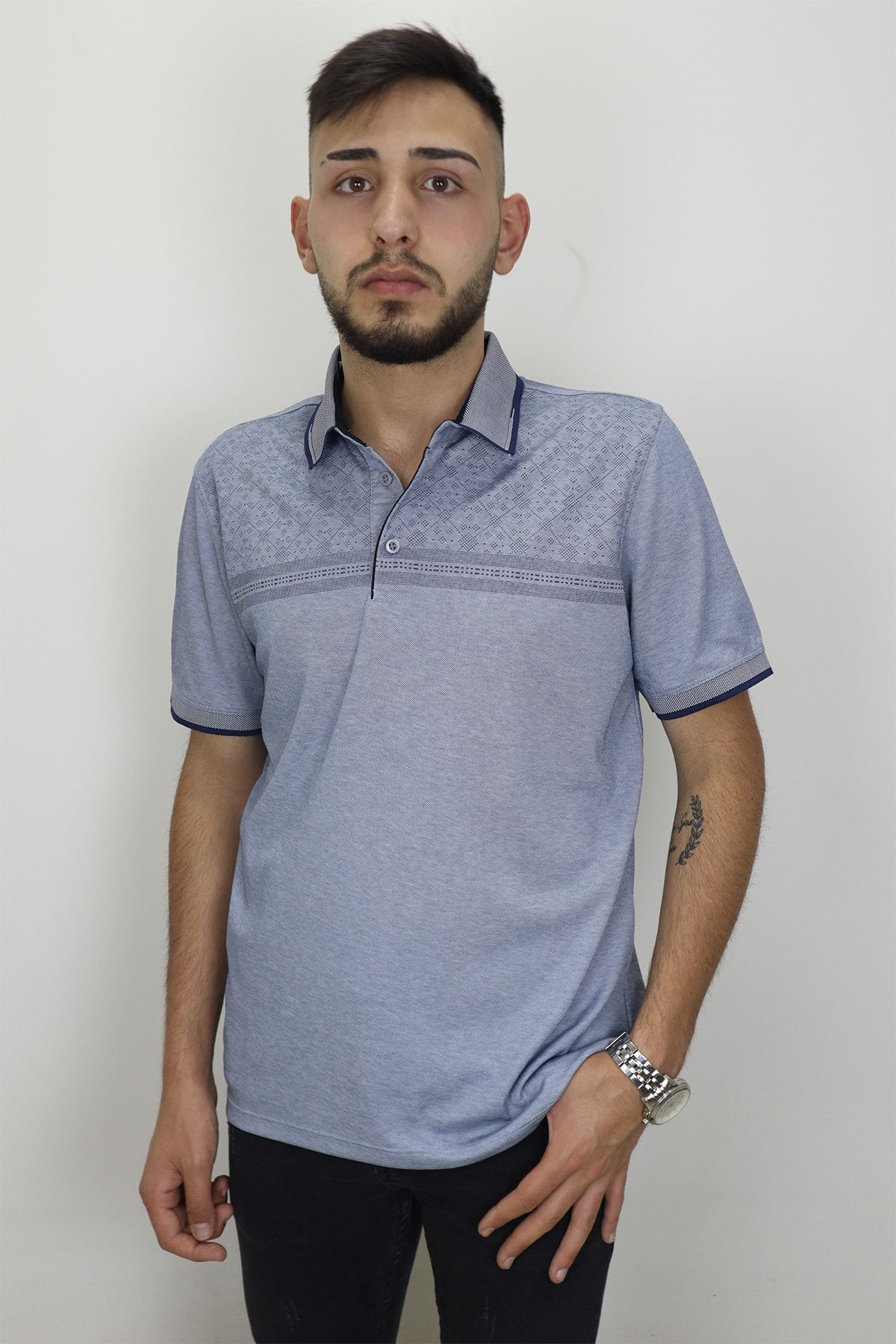 Maccali Fistan Store Erkek Mavi Desenli Normal Kalıp Cepsiz Polo Yaka T-Shirt
