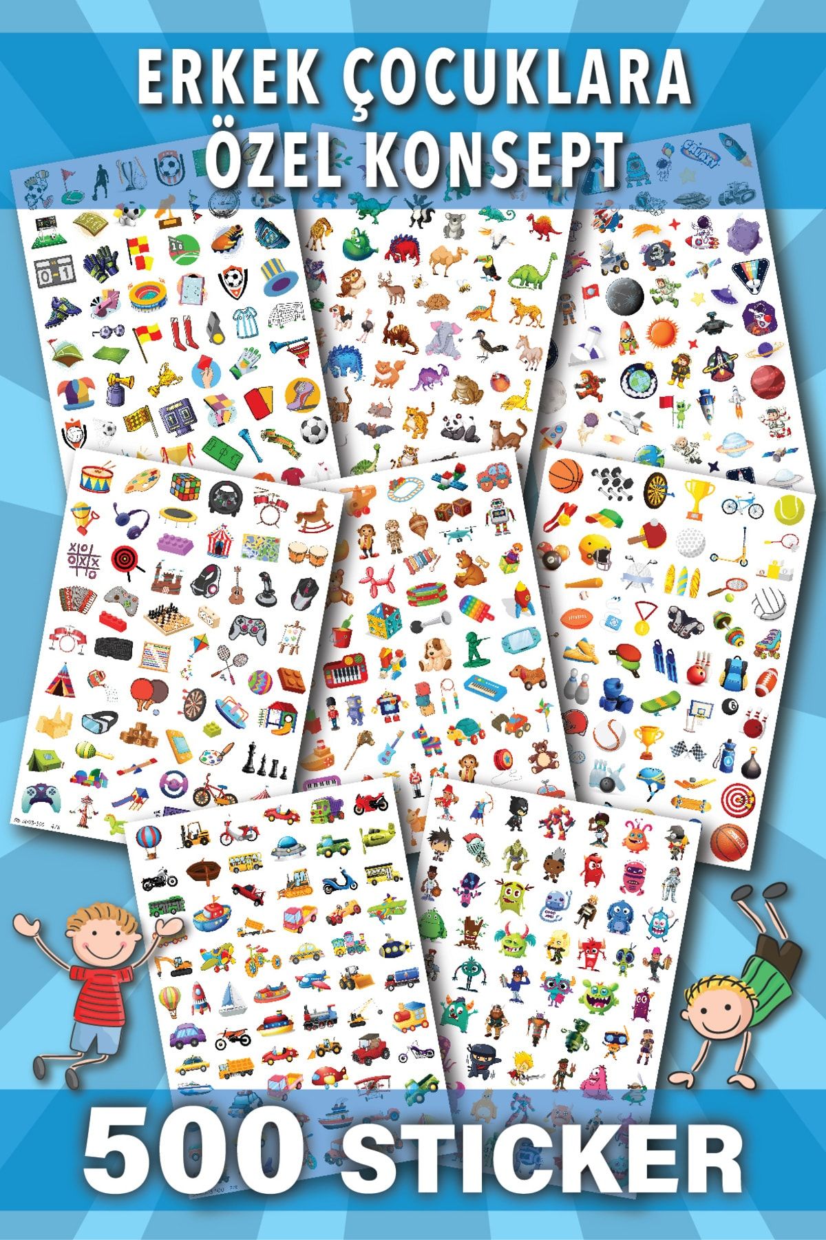 NeoPrint 500 Adet Erkek Çocuklarına Özel Etiket Seti Eğlenceli Okul Defter Planner Günlük Sticker Kitabı