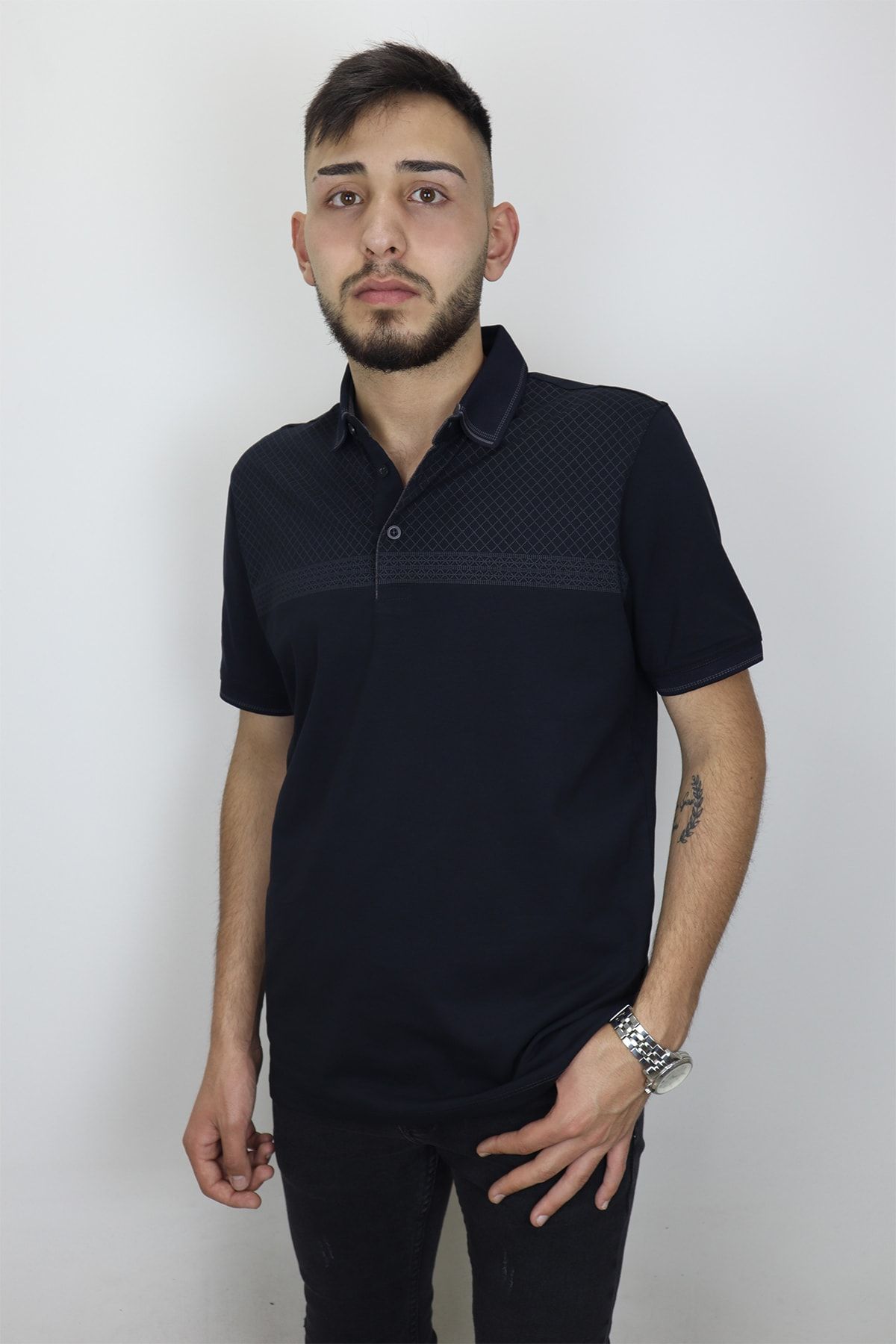 Maccali Fistan Store Erkek Lacivert Desenli Normal Kalıp Cepsiz Polo Yaka T-Shirt