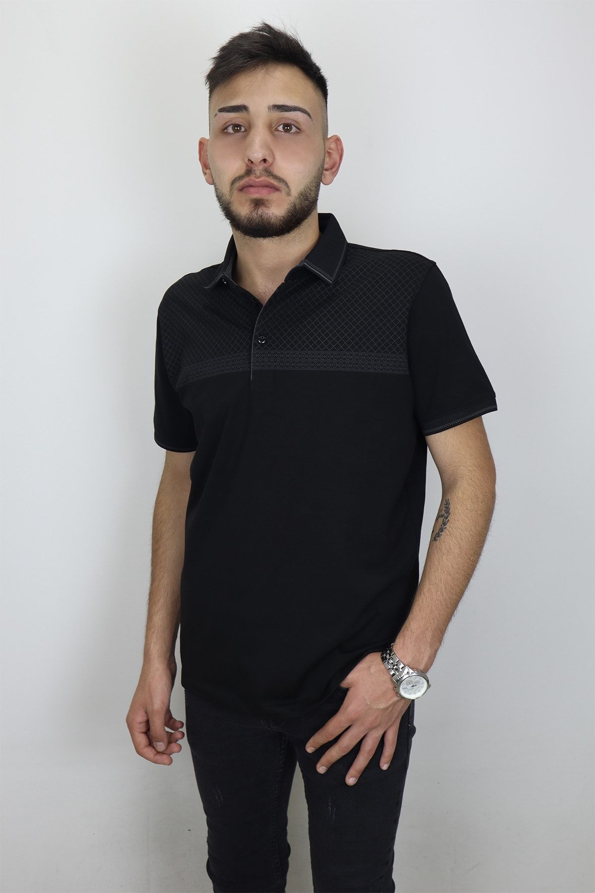 Maccali Fistan Store Erkek Siyah Desenli Normal Kalıp Cepsiz Polo Yaka T-Shirt