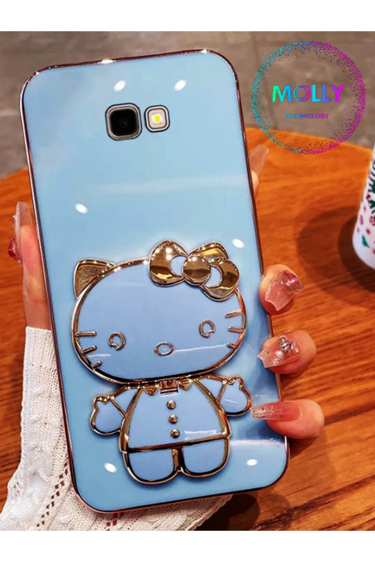 Molly Technology Samsung Galaxy J4 Plus İçin Petrol Mavisi Hello Kitty Standlı Gold Detaylı Lüks Silikon Kılıf