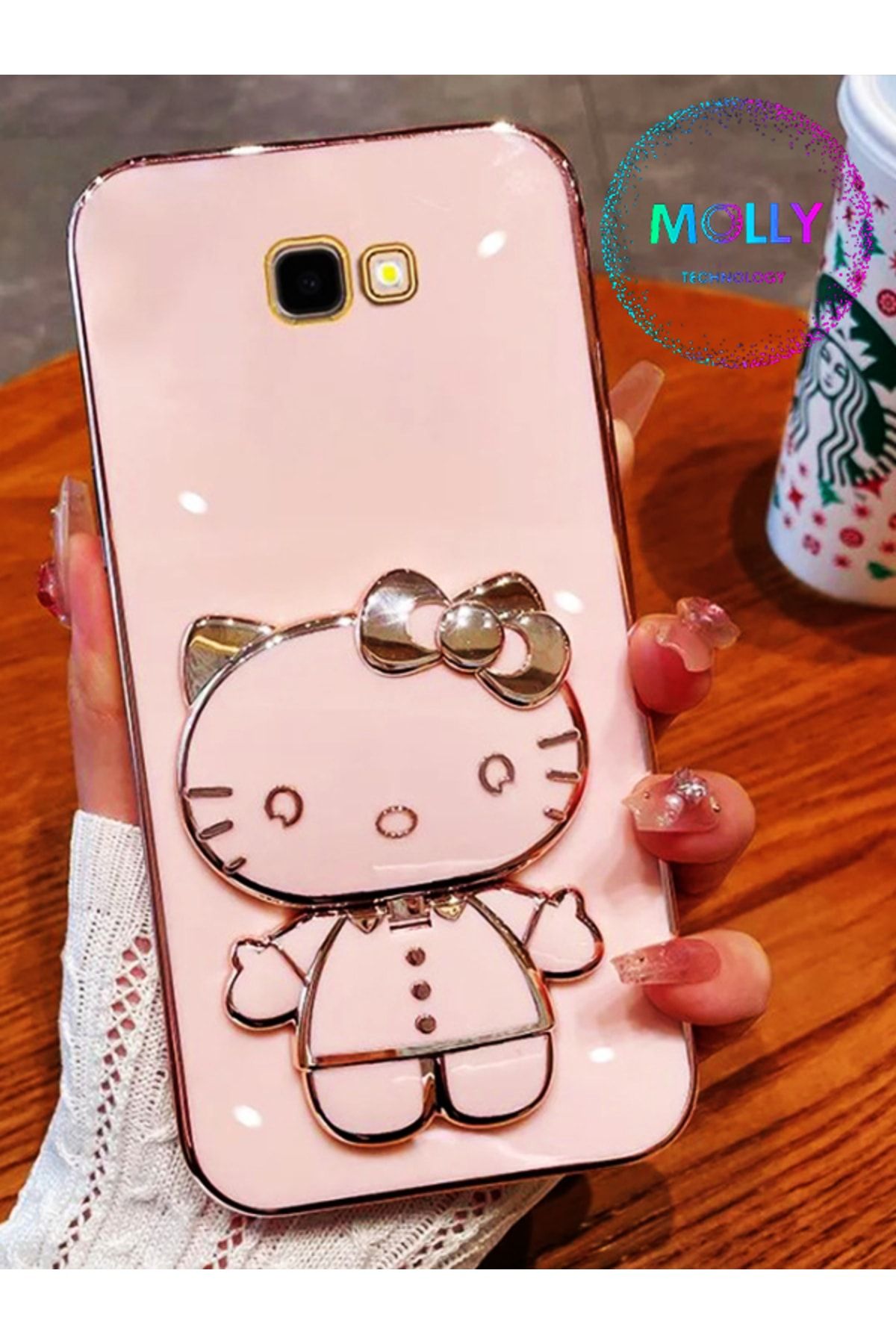 Molly Technology Samsung Galaxy J4 Plus İçin Rose Hello Kitty Standlı Kenarları Gold Detaylı Lüks Silikon Kılıf