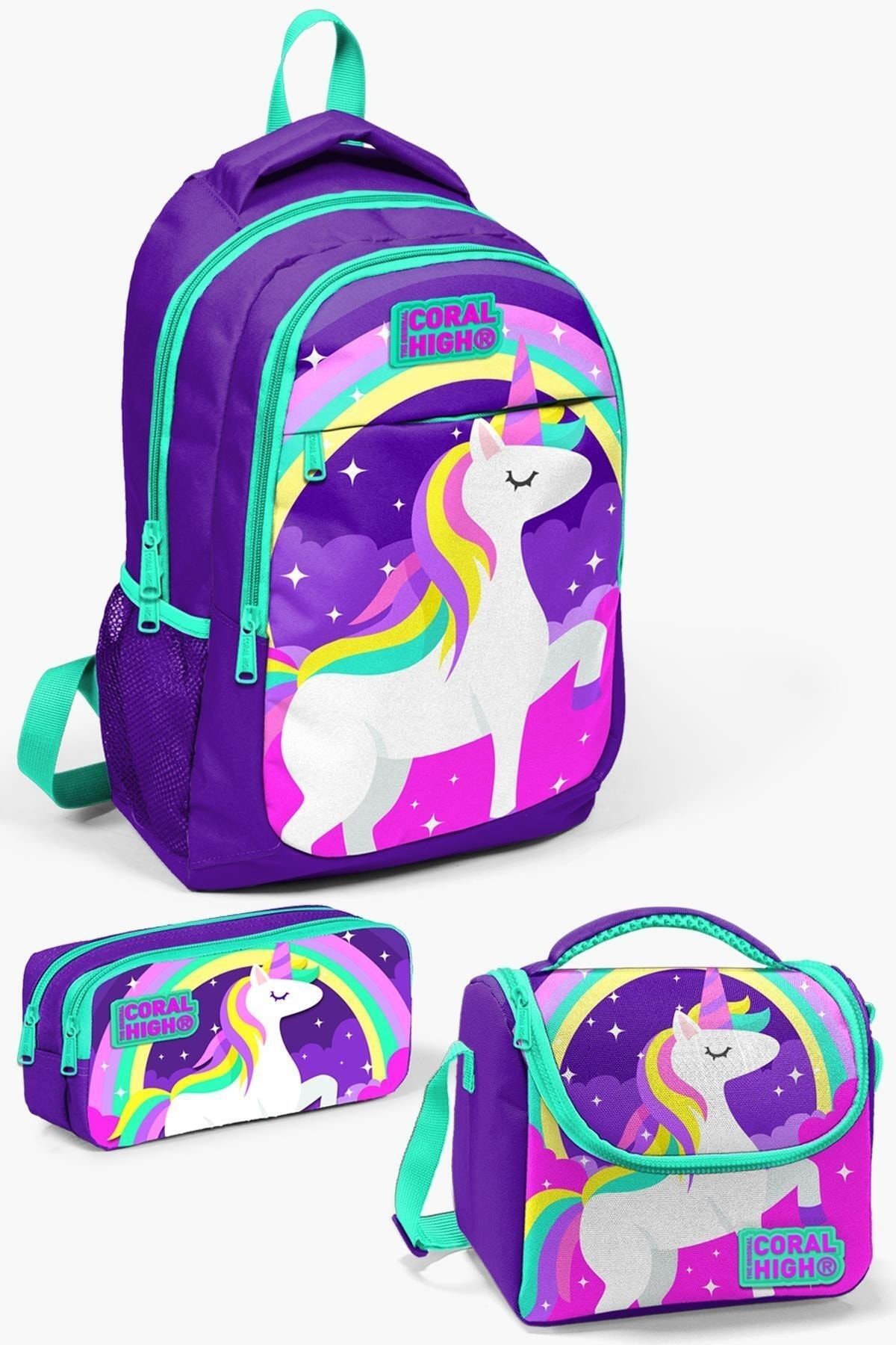 Coral High Kids Mor Su Yeşili Unicorn Desenli 3’lü Okul Çanta Seti SET0114376