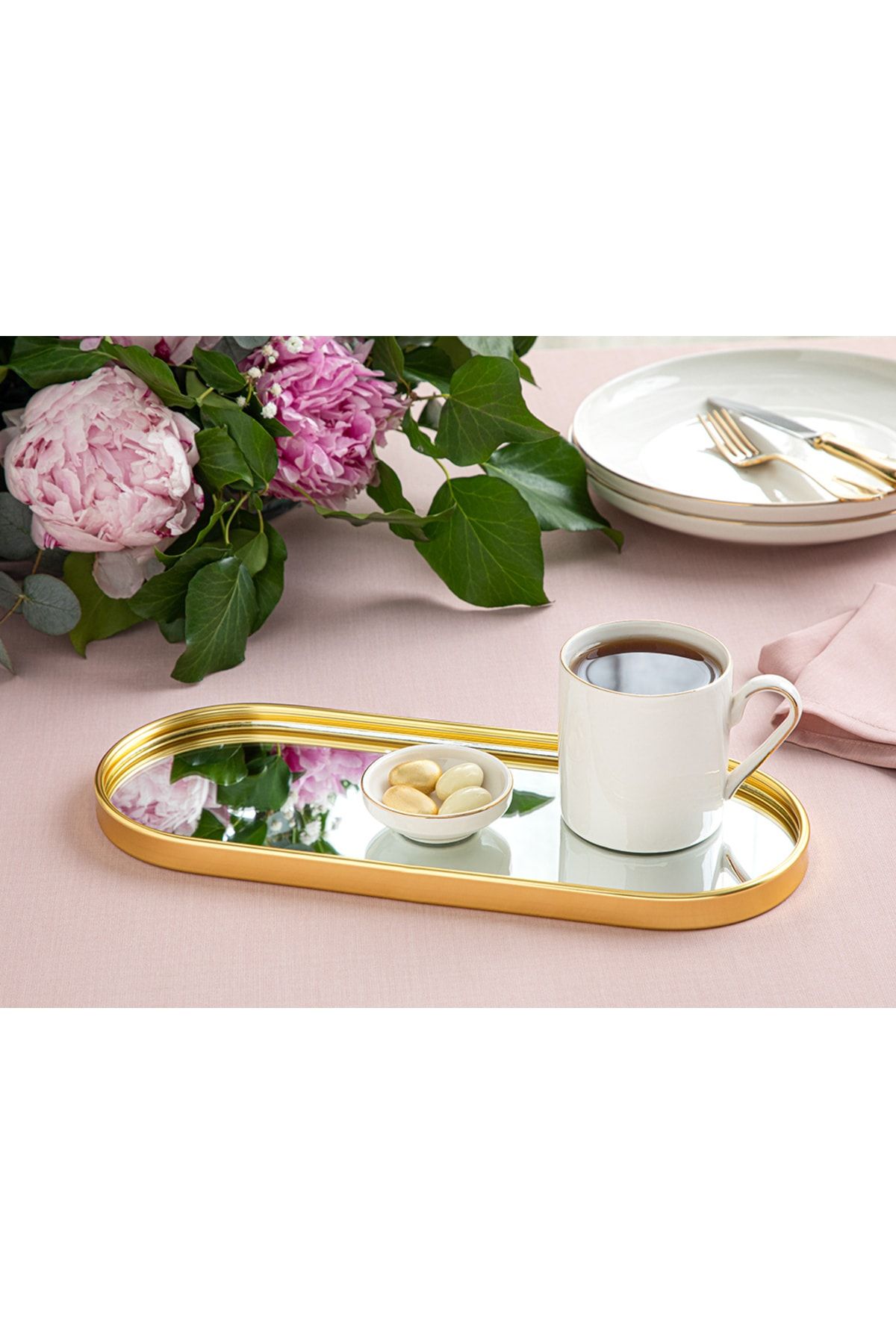 English Home Shaped Metal Aynalı Tepsi 30x12 Cm Gold