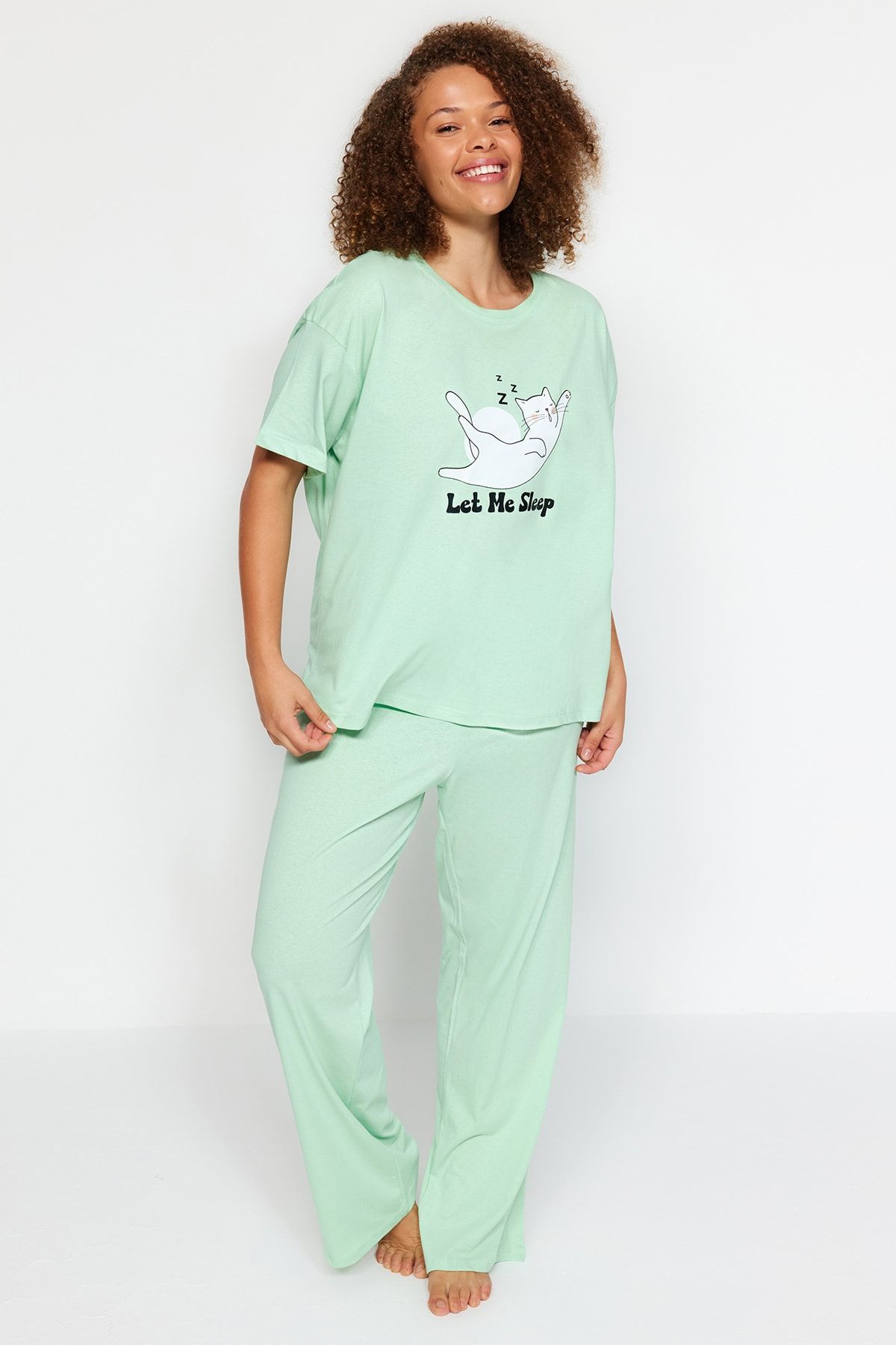 Trendyol Curve Mint Baskılı Örme Pijama Takımı TBBAW24AI00003