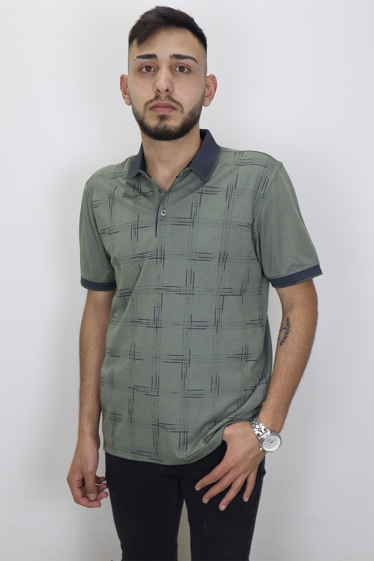 Maccali Fistan Store Erkek Haki Yeşil Desenli Normal Kalıp Cepsiz Polo Yaka T-Shirt