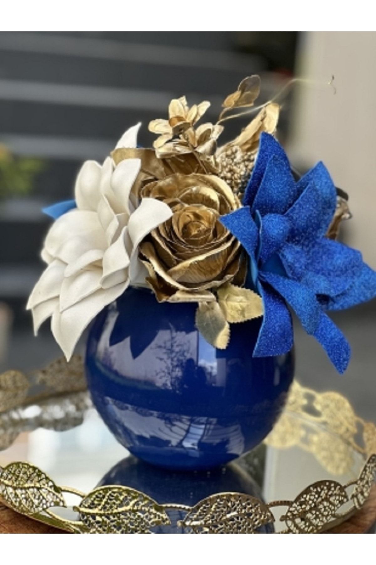 Lui Tasarım Paşabahçe Dekoratif Koyu Mavi Cam Vazo Altın Yaldızlı Fanus Cam Vazo