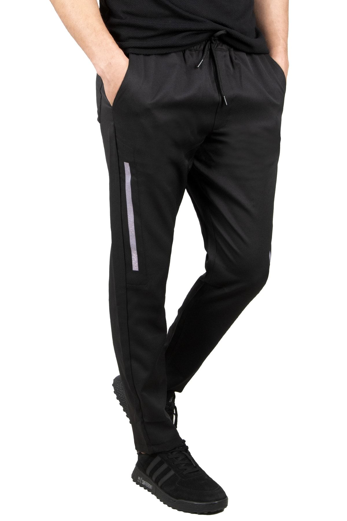 DeepSea Erkek Siyah Beli Lastikli Bağcıklı Şeritli İnce Spor Pantolon 2300070