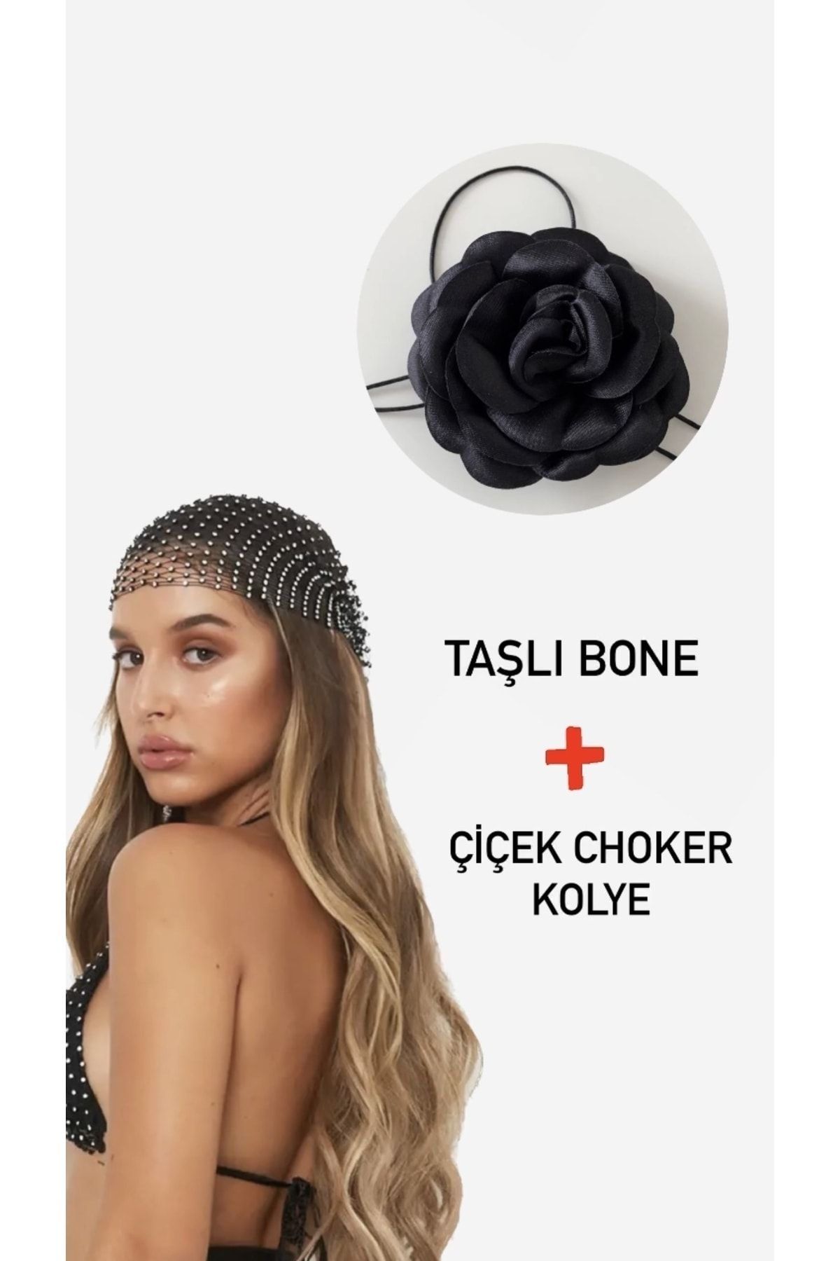 Âlâ Atelier Siyah Taşlı File Bandana Saç Aksesuarı Bone ve Bağcıklı Kumaş Çiçek Choker Kolye Gül Kolye
