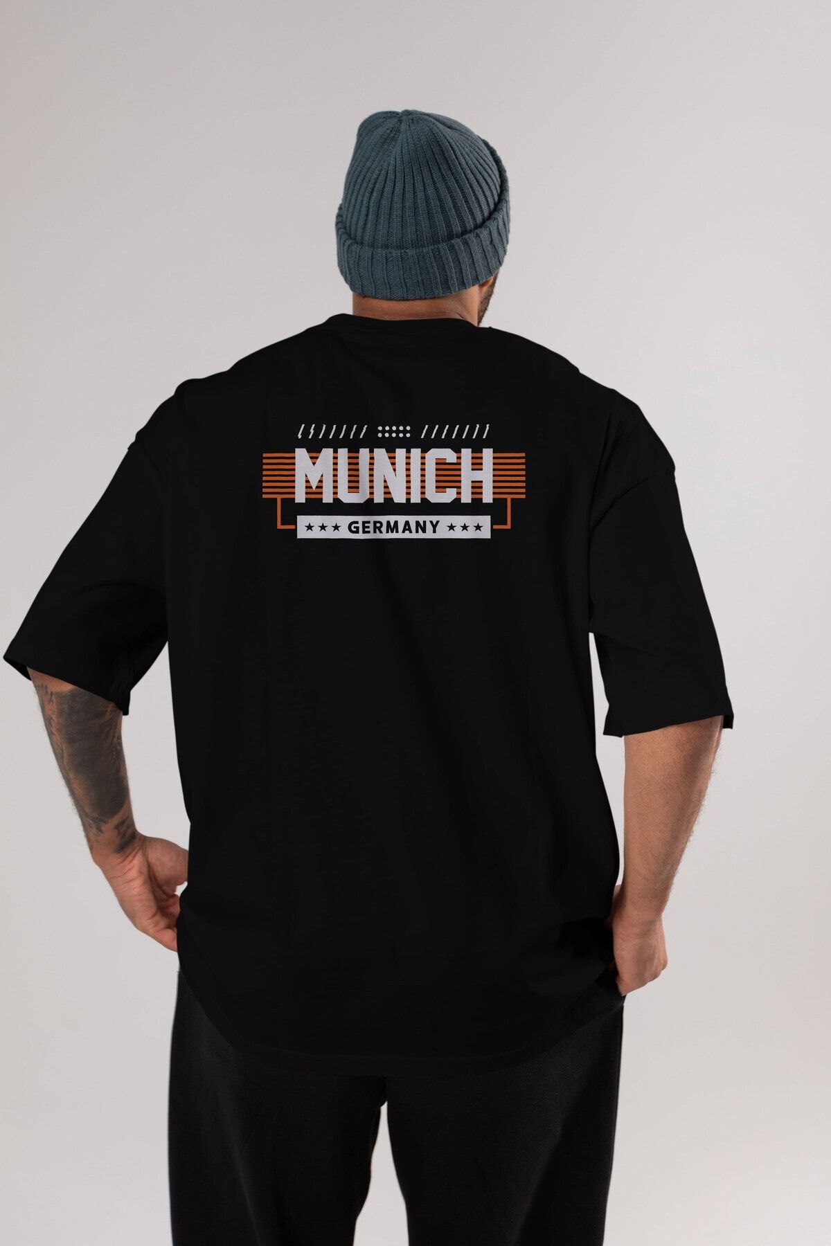 Ankhises Munich Arka Baskılı Siyah Oversize T-shirt Unisex Erkek Kadın Bisiklet Yaka