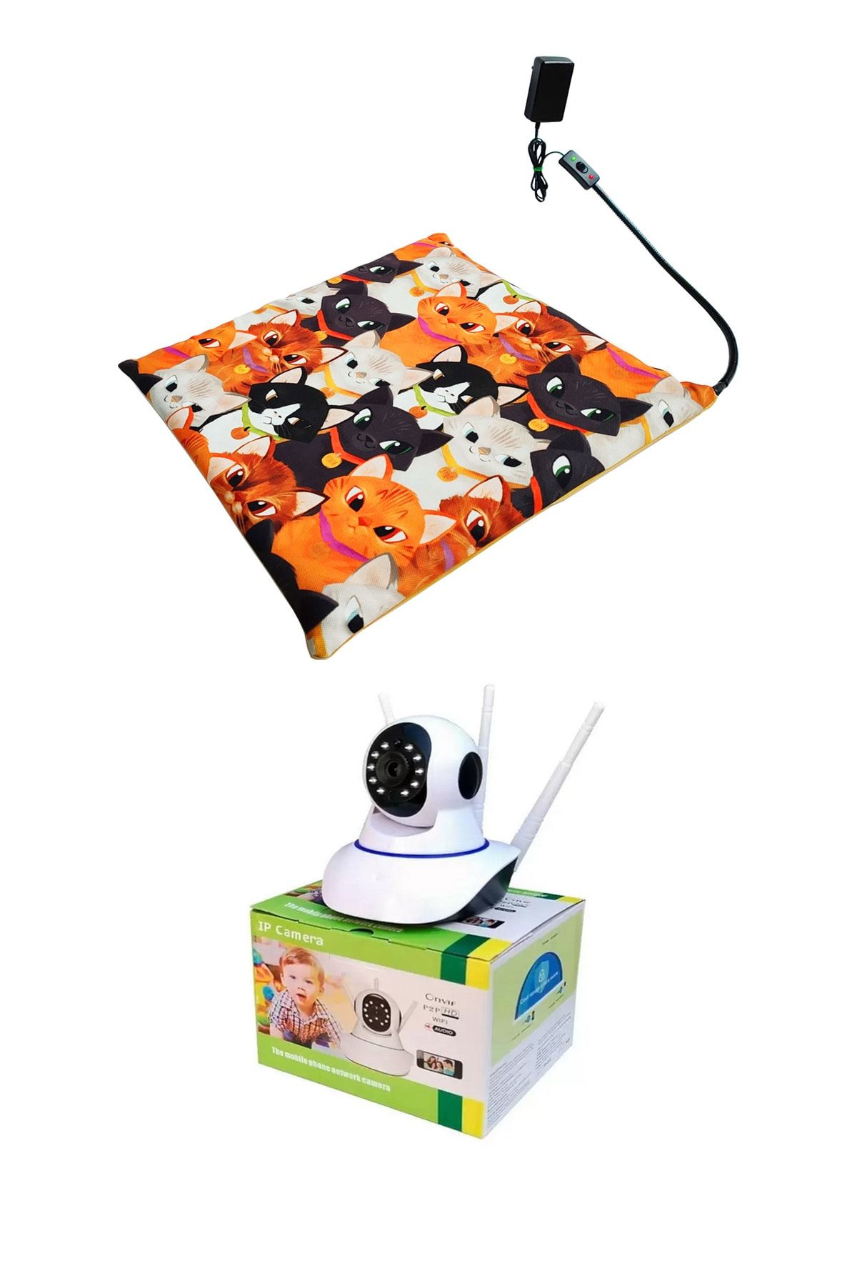 Powertec Evcil Hayvan İzleme Güvenlik Kamerası ve Isıtıcılı Kedi Köpek minderi set 45cmx45cmx5cm 12v