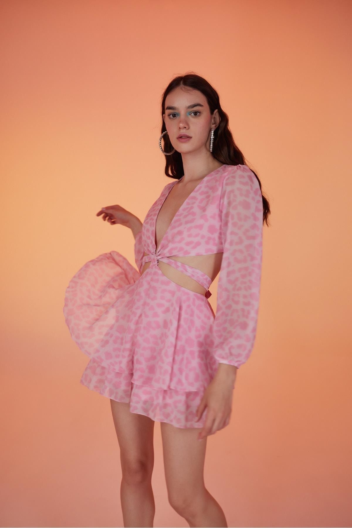 HOLLY LOLLY Astarlı Şort Etekli Şifon Kumaş Mini Pinky Elbise Pembe