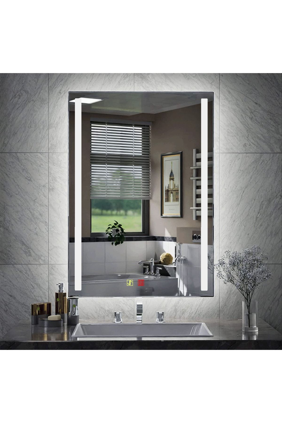 BUGUSAN 60x80 cm Buğu Çözücülü Dokunmatik Işıklı Kumlamalı Banyo Aynası