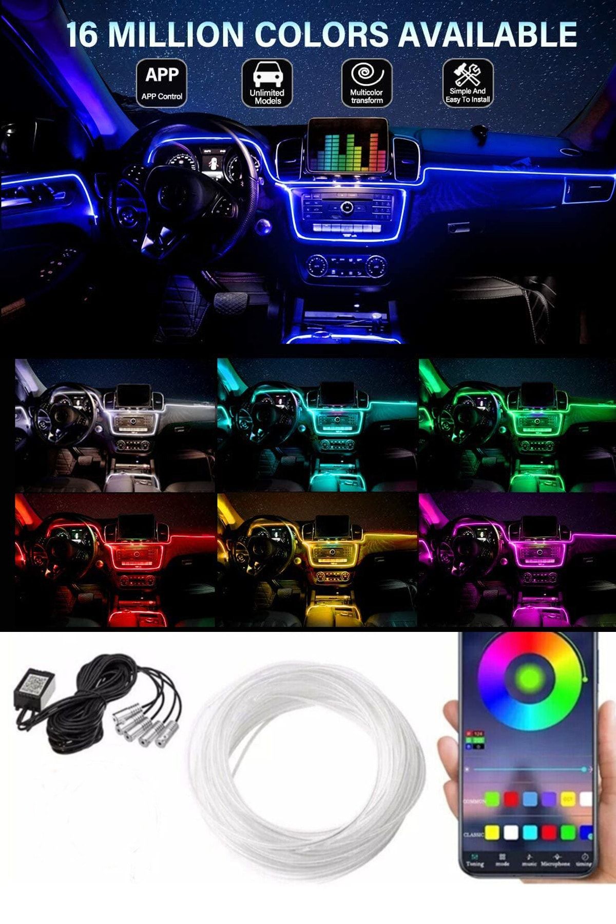 XMOD Led Neon Araç Içi 7 Renkli Ambians Ledi Telefondan Kontrol 6 Metre Çakmaklık Girişli