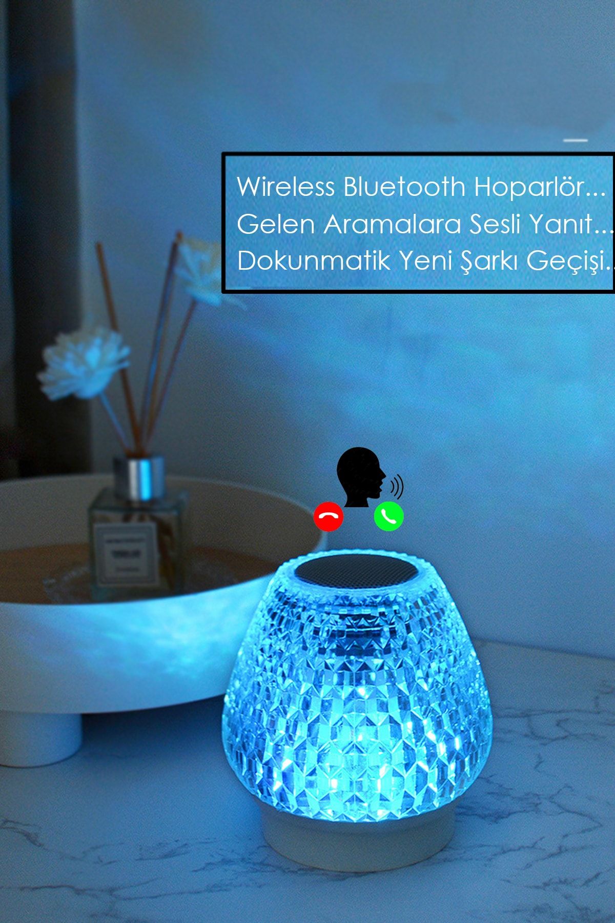 TECHNOMEN Kristal Şarjlı Masa Lambası 7 Renk Gece Lambası Bluetooth Hoparlör Dokunmatik Stereo Sd Kart