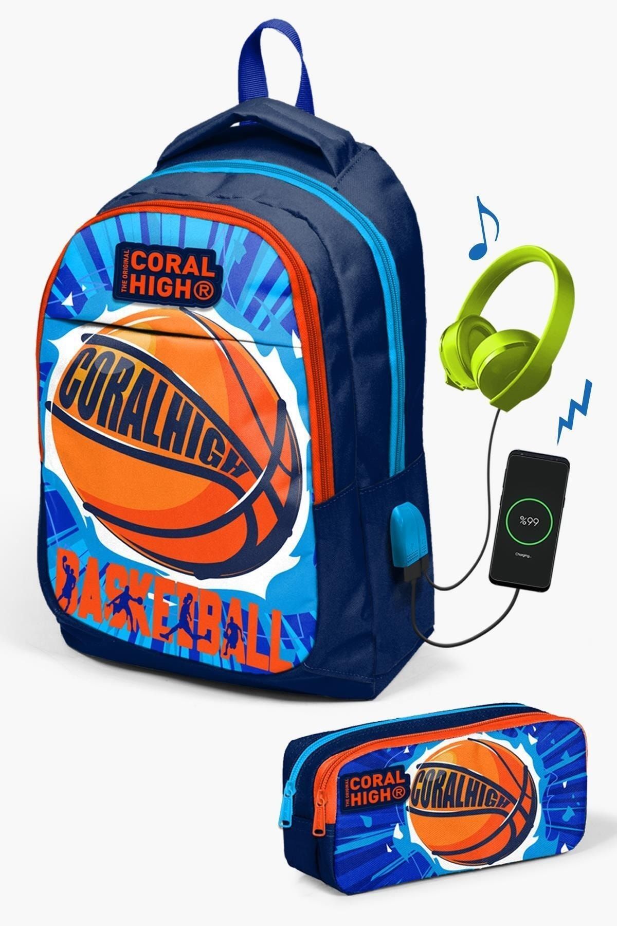 Coral High Kids Lacivert Mavi Basketbol Top Desenli Usb'li 2'li Okul Çanta Seti SET0224318