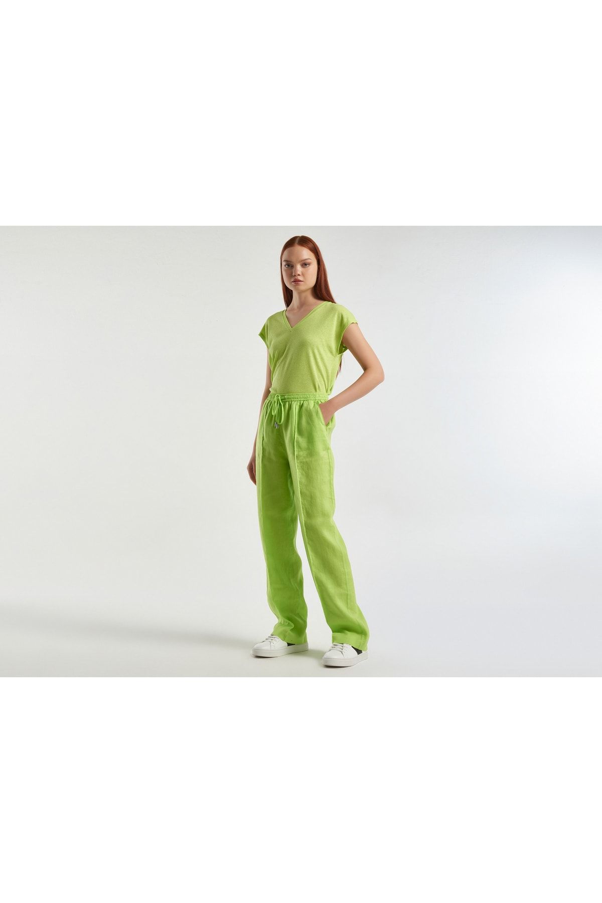 United Colors of Benetton Kadın Açık Yeşil %100 Keten Beli Lastikli Rahat Kalıp Pantolon Lime Rengi